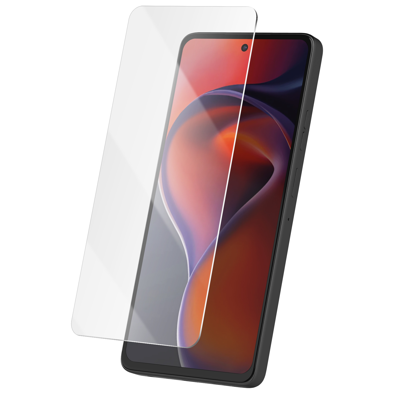 Een smartphone met een screenprotector overlay. De telefoon is zwart, met een kleurrijke abstracte achtergrond. Witte achtergrond.