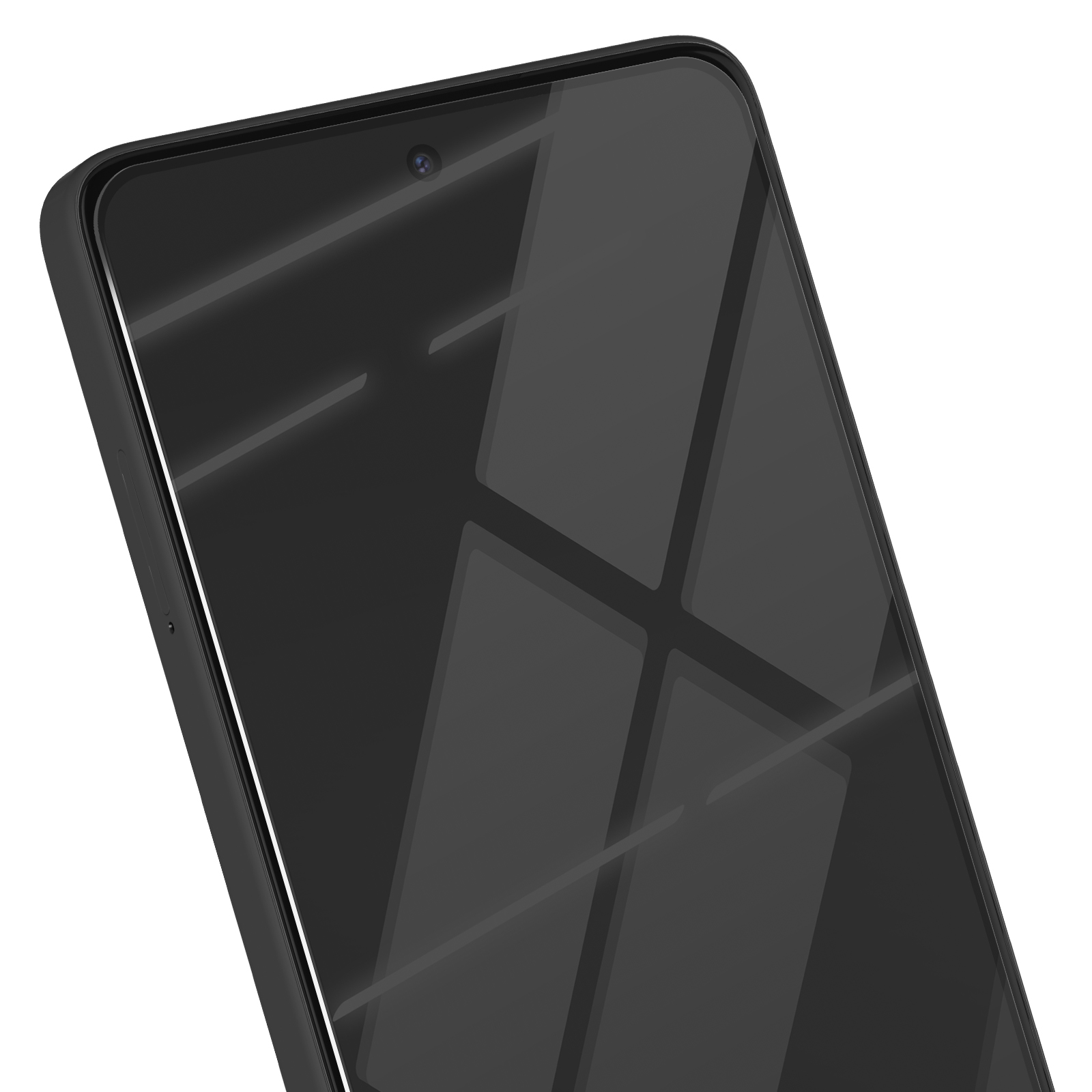Close-up van een zwarte smartphone. Het scherm reflecteert licht, met een camera bovenaan. Witte achtergrond.
