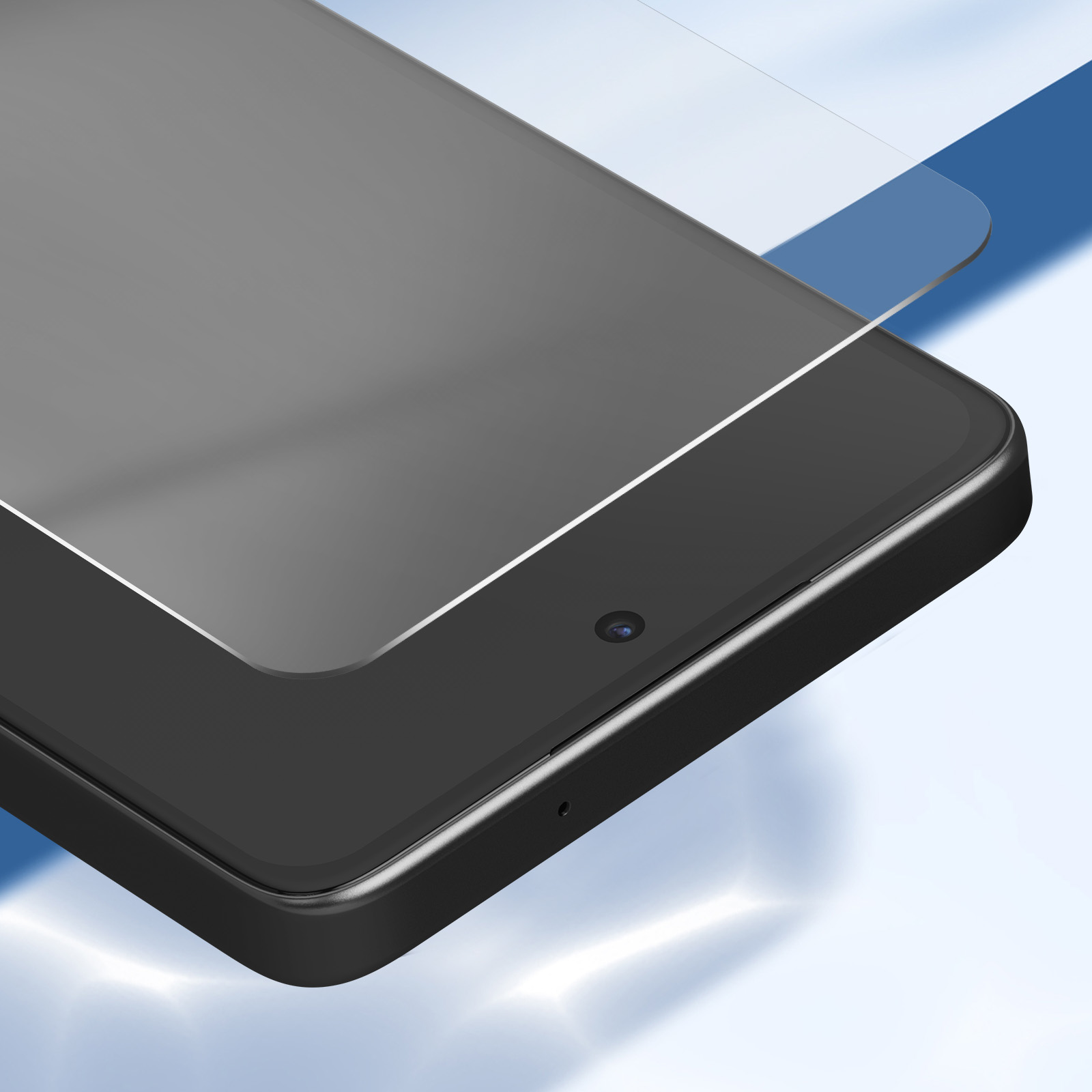 Close-up van een zwarte smartphone met een schermbeschermer erop. De achtergrond is een gradiënt van wit en blauw.
