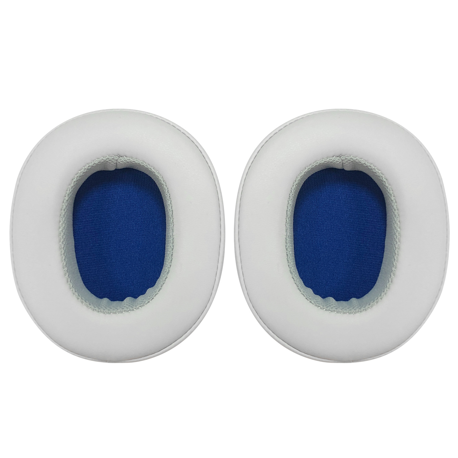 Dwie białe nauszniki do słuchawek. Każdy ma niebieskie wnętrze i szarą obwódkę.