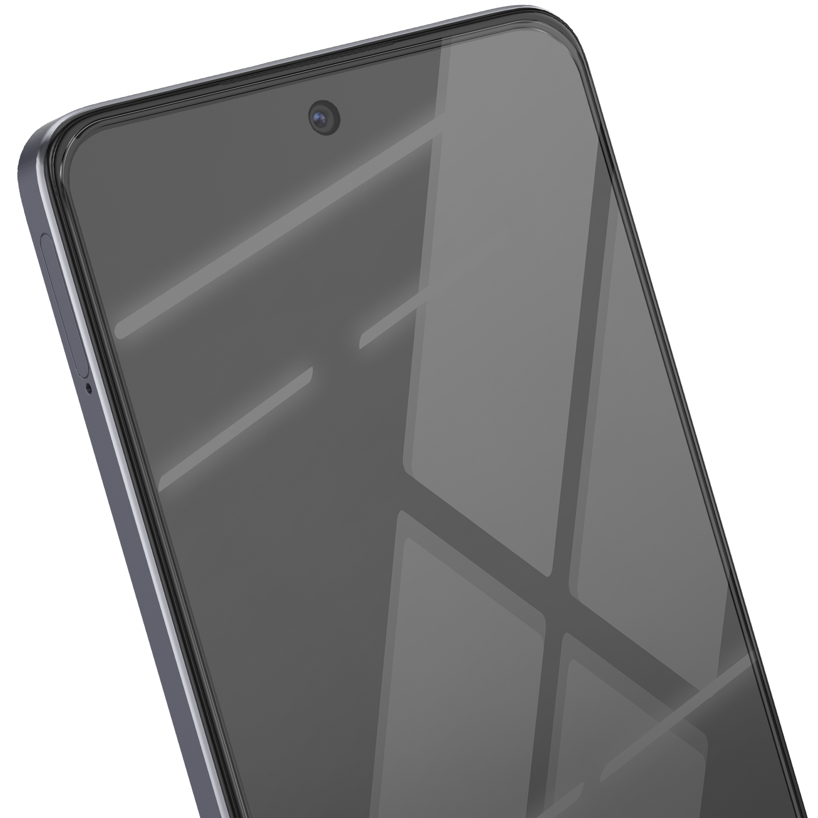 Primo piano di uno smartphone. Lo schermo è grigio scuro, con un obiettivo della fotocamera in alto. Il telefono ha una cornice argentata.