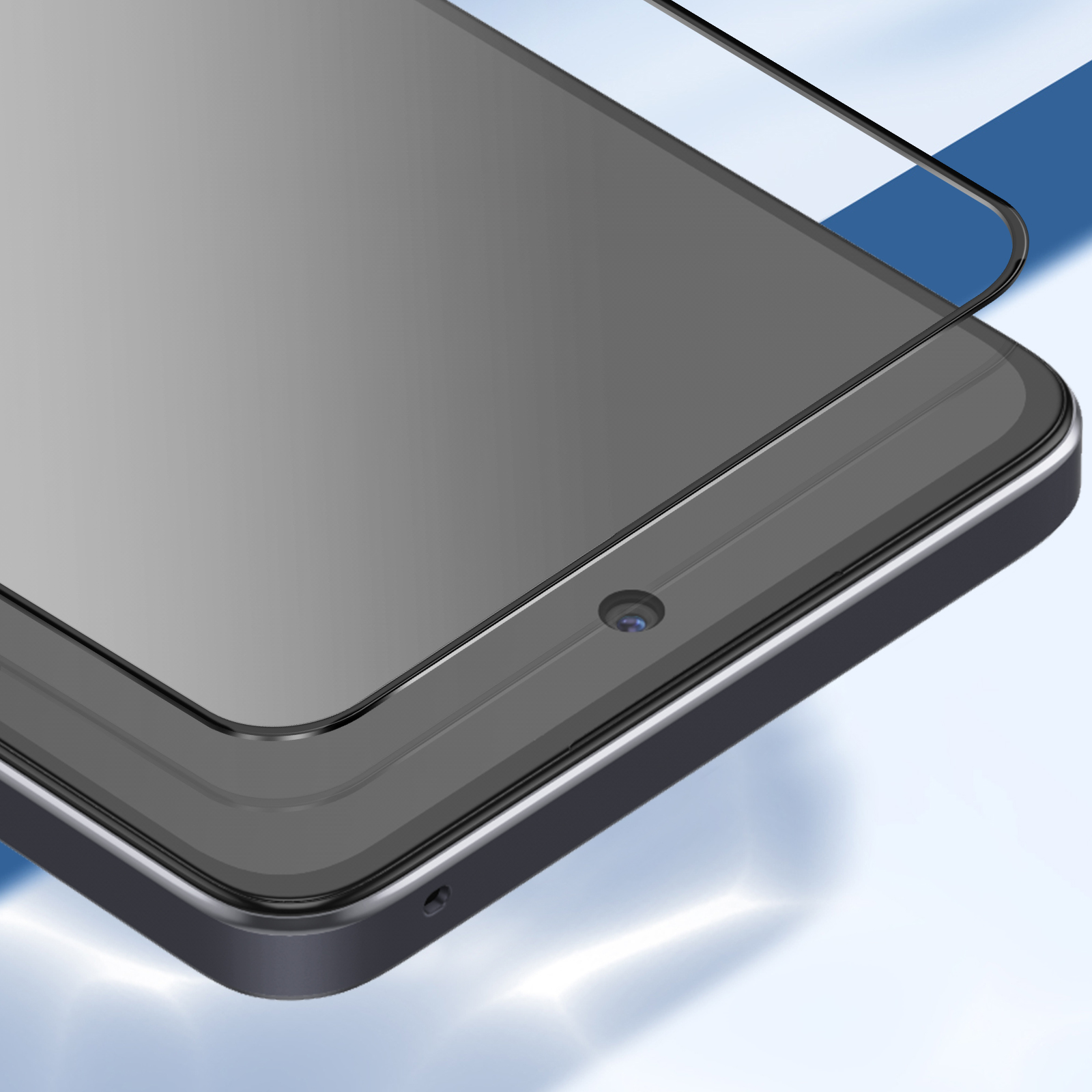 Primo piano di un tablet con protezione schermo. Lo schermo è grigio, con una fotocamera, su sfondo blu e bianco.