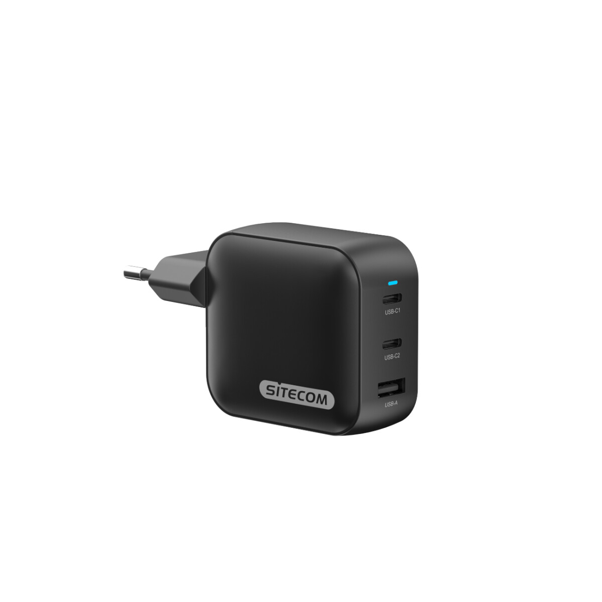 Caricatore USB SITECOM nero con tre porte e spina europea. LED blu indica l'alimentazione. Sfondo bianco.