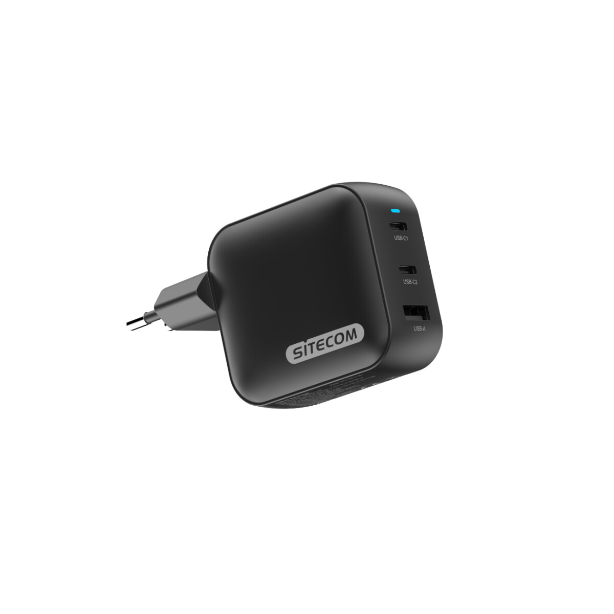 Un caricatore USB Sitecom nero su sfondo bianco. Ha porte USB-C e USB-A. Il caricatore è collegato.