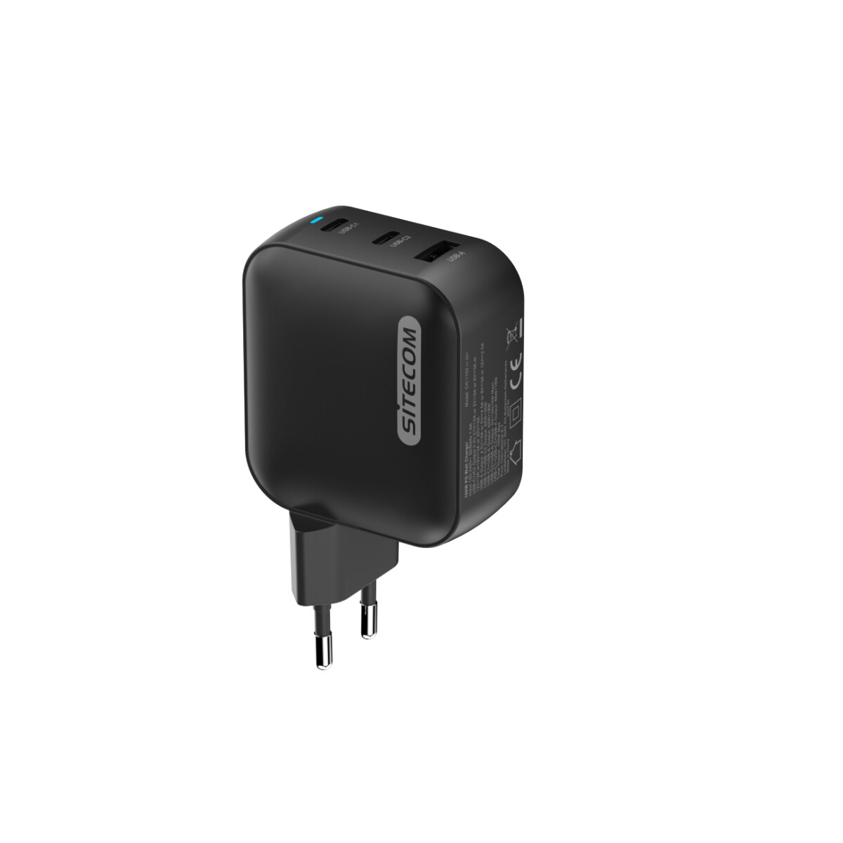Un caricatore USB Sitecom nero con tre porte. Ha una spina per prese europee e uno sfondo bianco.