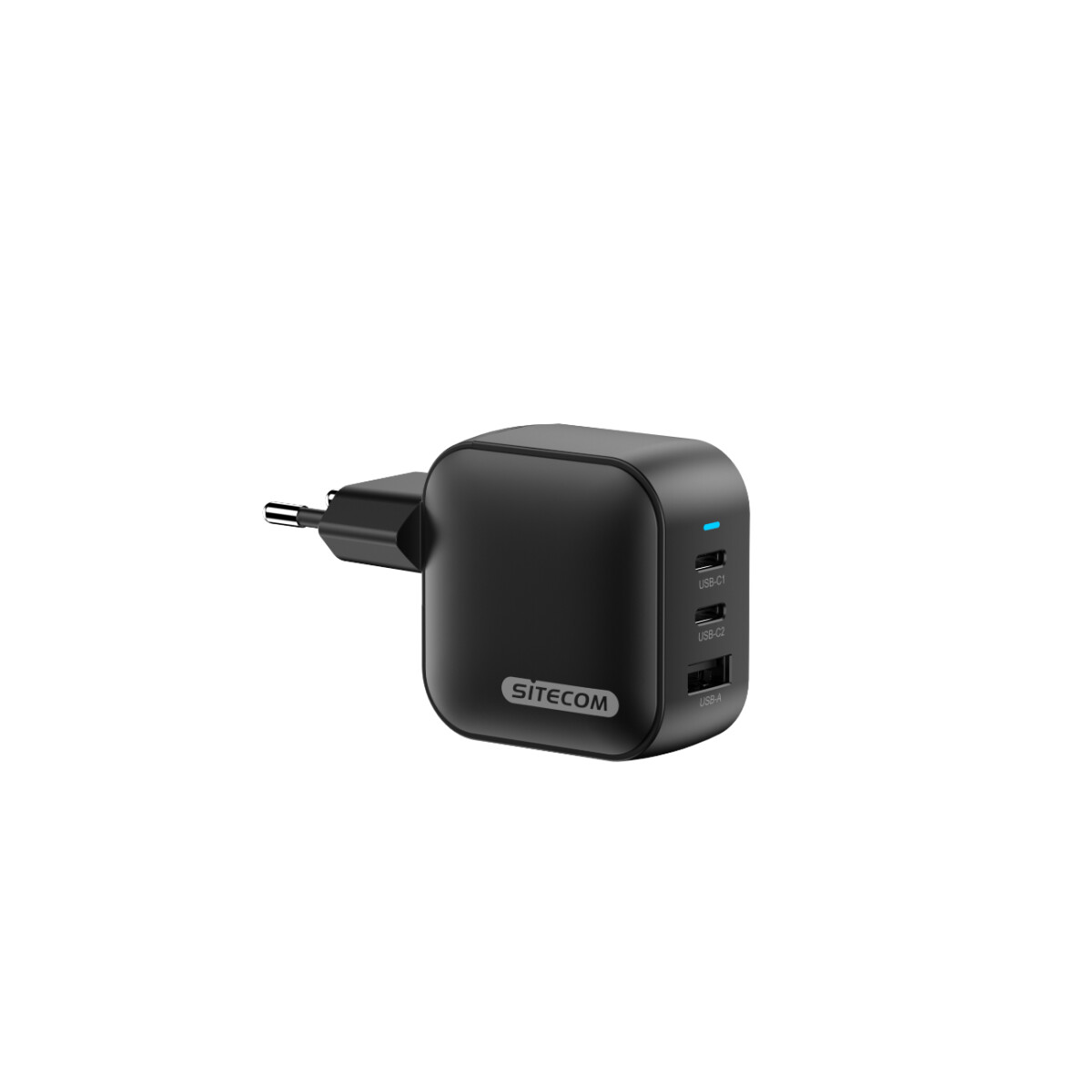 Un caricabatterie Sitecom nero con porte USB e spina. Il caricabatterie ha tre porte USB.