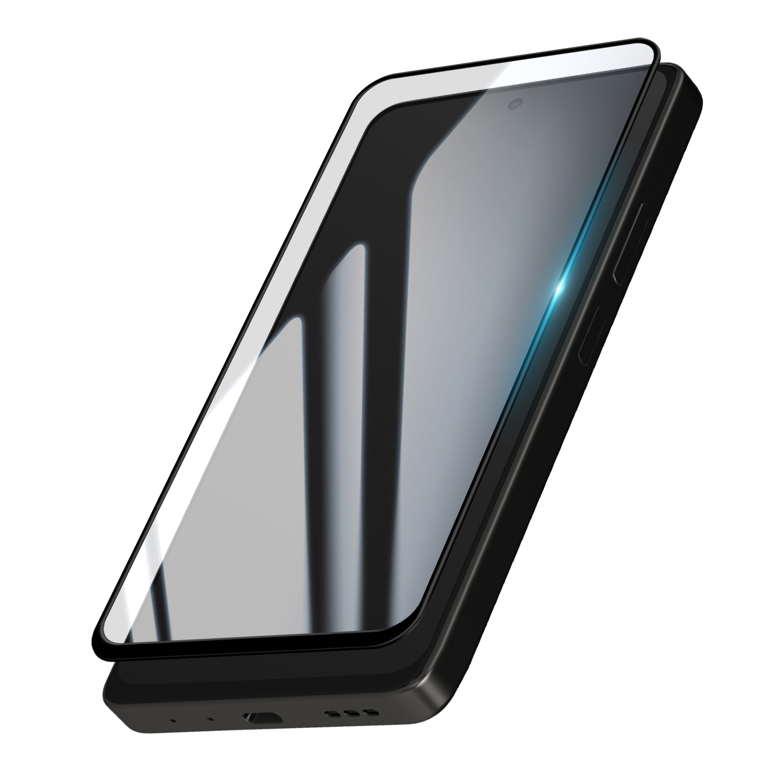 Uno smartphone nero con una protezione per lo schermo. Lo schermo riflette la luce. Il telefono è leggermente angolato.