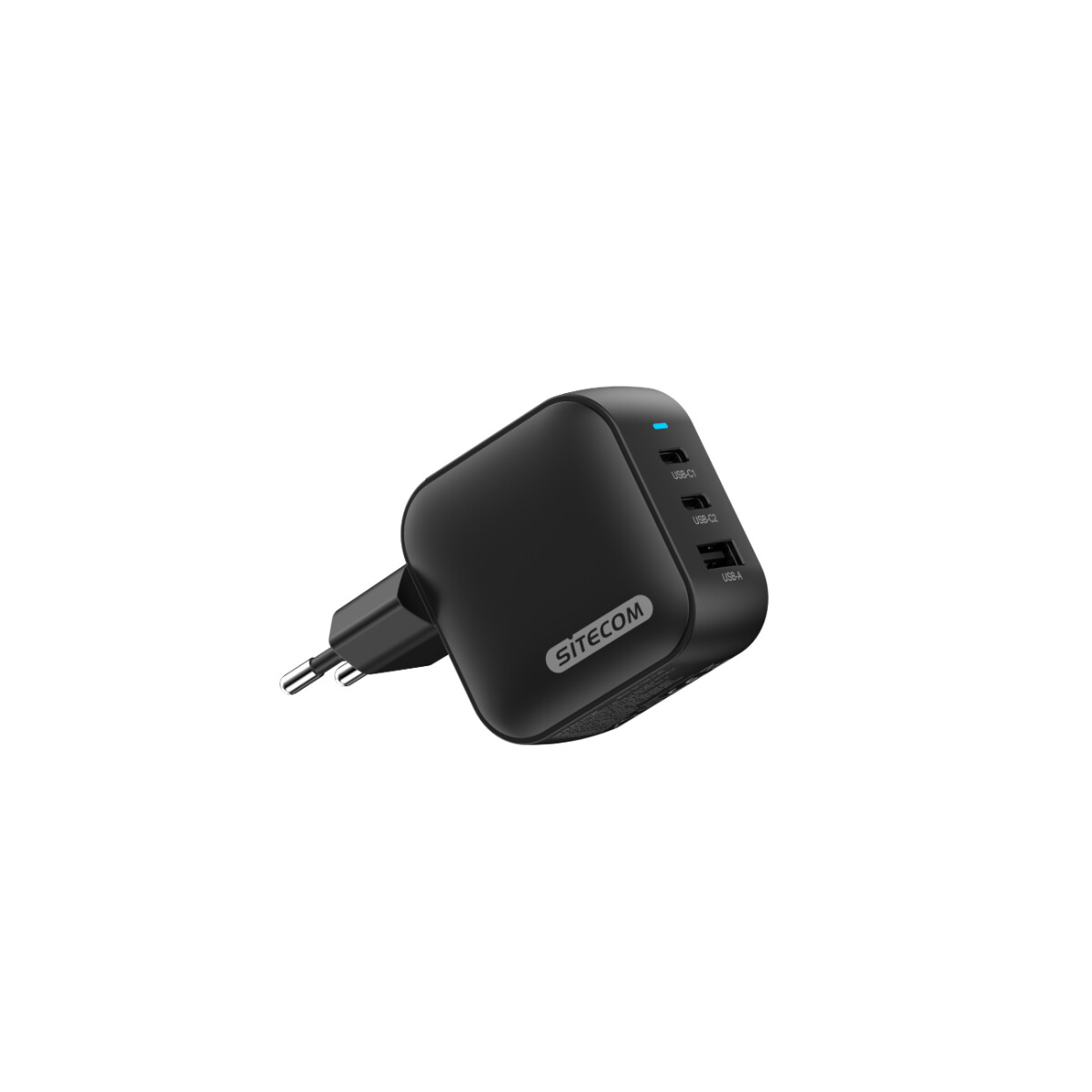 Un caricatore USB Sitecom nero con tre porte e una spina su sfondo bianco.