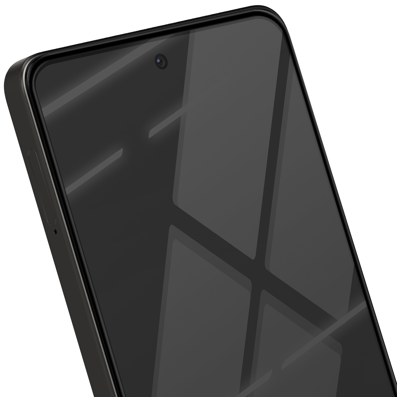 Primo piano di uno smartphone nero con schermo riflettente. È visibile una fotocamera frontale. Il telefono è su sfondo bianco.