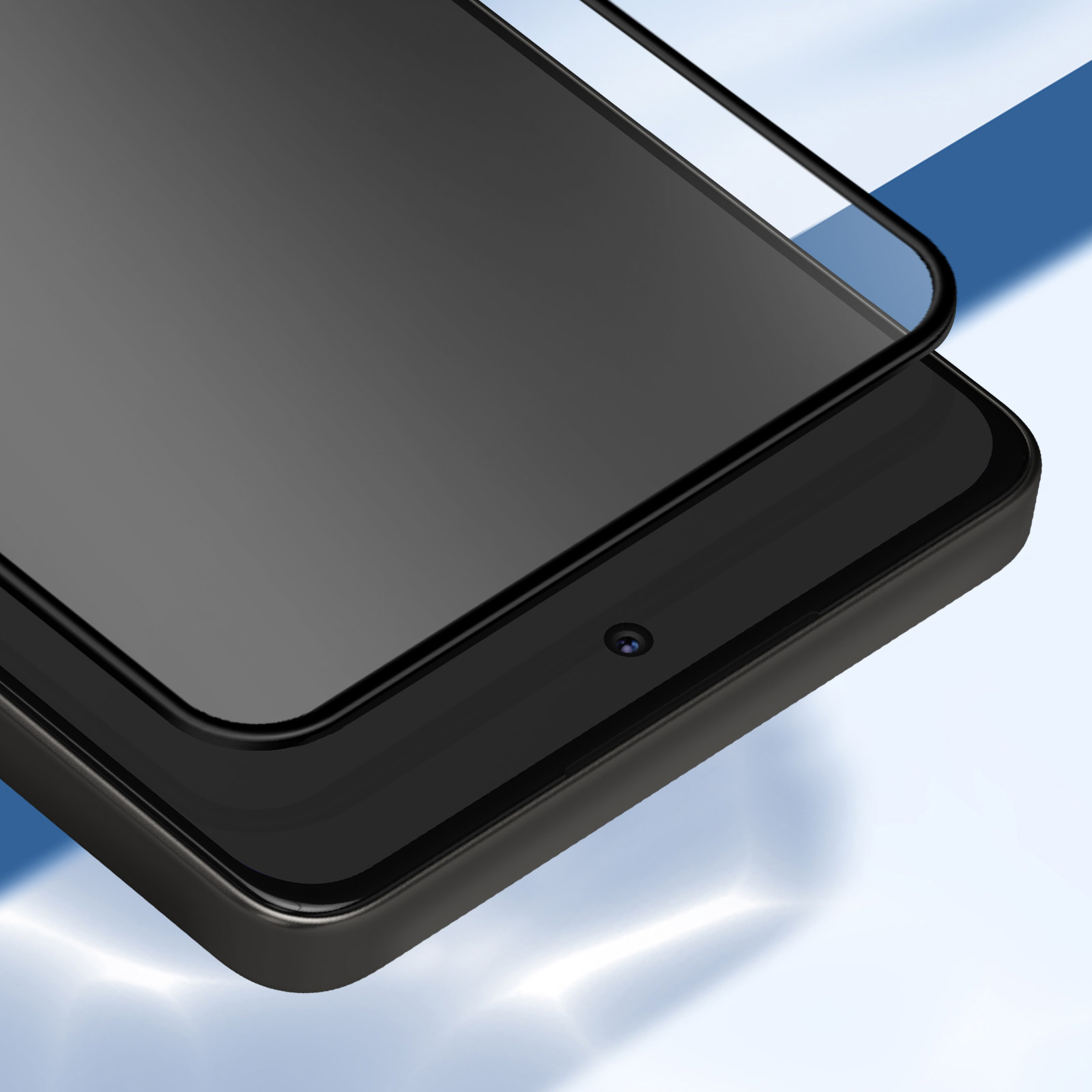 Uno smartphone nero con una protezione schermo. Ha una fotocamera frontale. Sfondo azzurro con una striscia blu scuro.