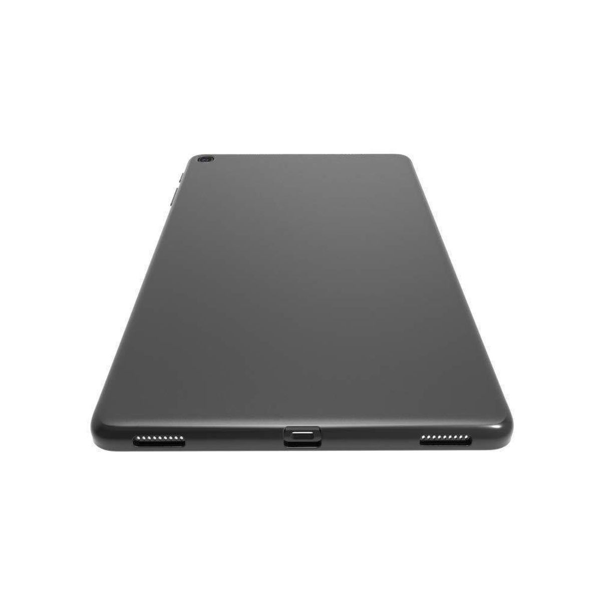 A black tablet is positioned at an angle against a white background. The tablet has a sleek, minimalist design with a smooth surface.