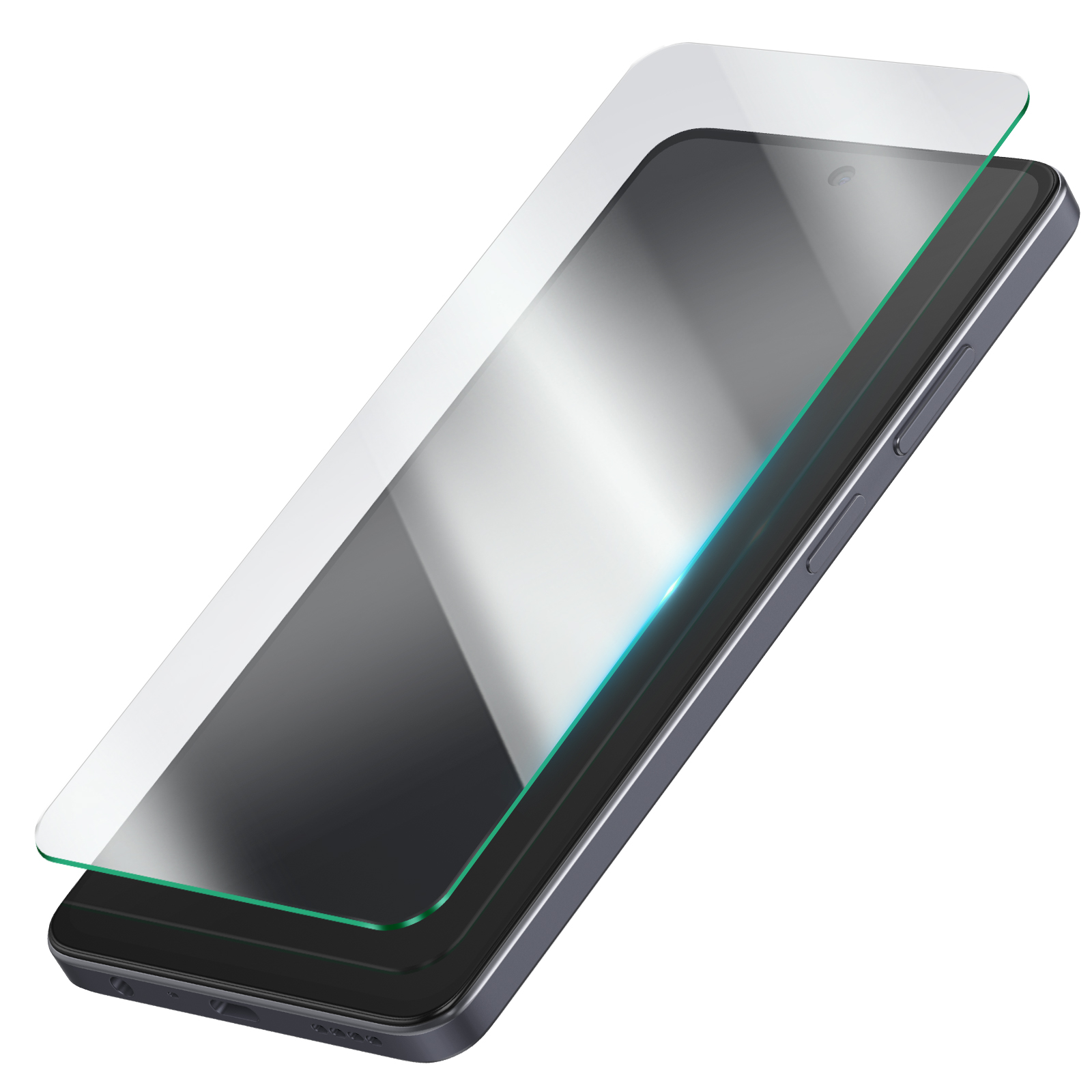 Uno smartphone con una protezione per lo schermo applicata. Il telefono è grigio scuro, la protezione è trasparente con bordo verde.