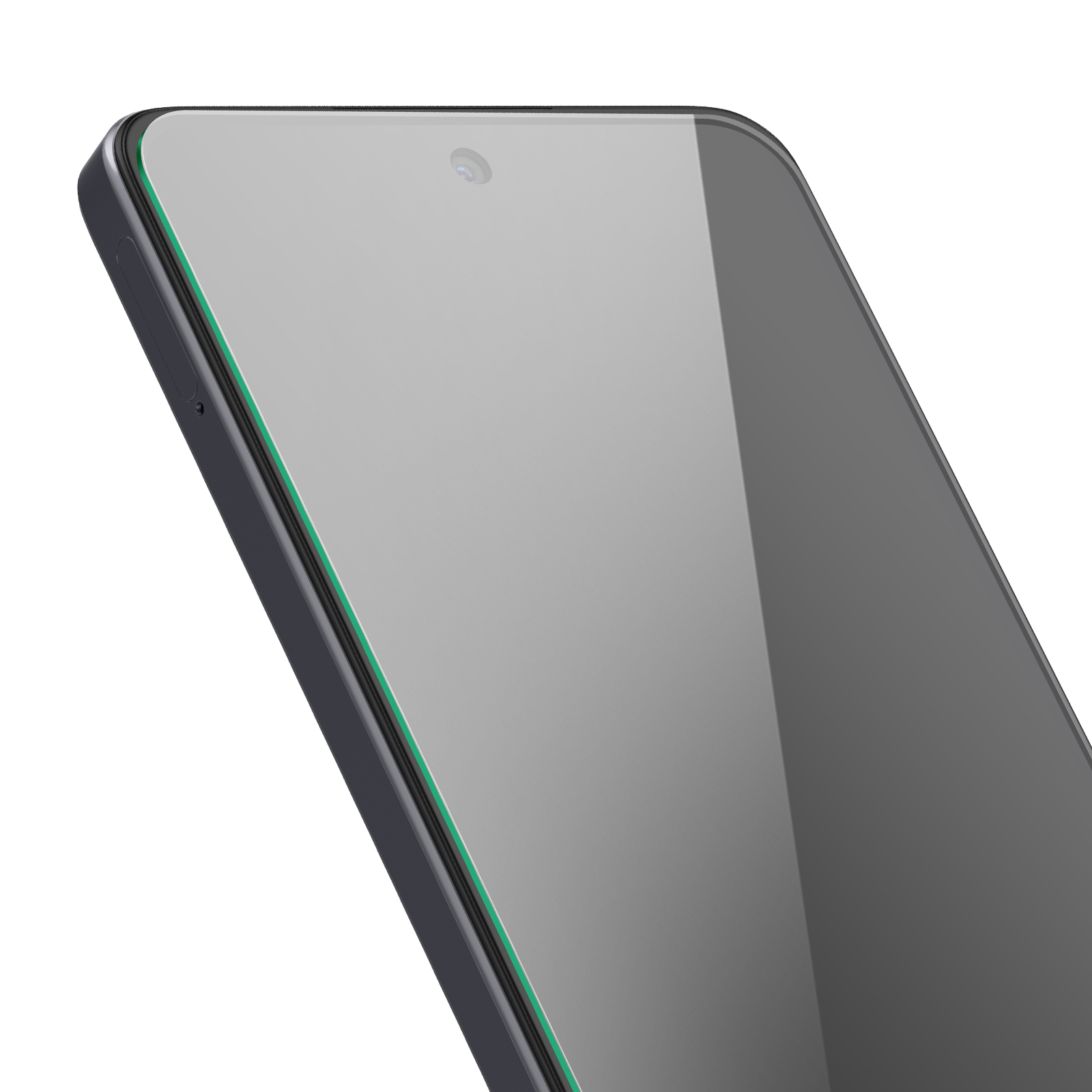 Primo piano di uno smartphone. Lo schermo è grigio, con una fotocamera. Ha una cornice nera con una linea verde.