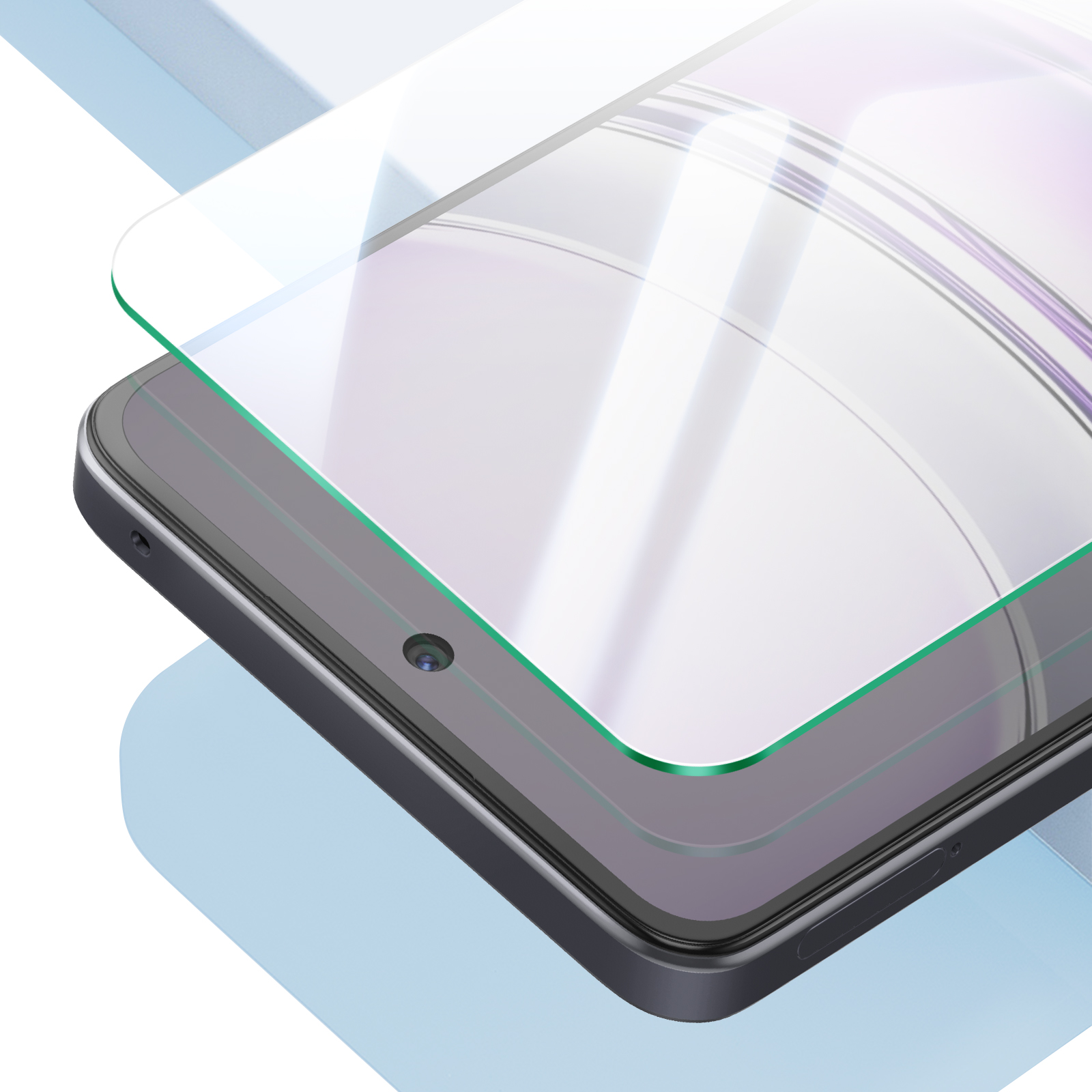 Tablet con protezione schermo. Il protettore è trasparente con bordo verde, il tablet è nero.