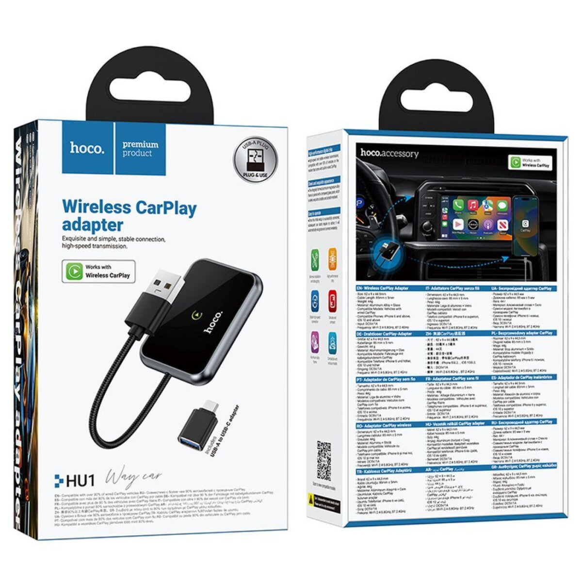 Una caja del adaptador CarPlay inalámbrico hoco con cables USB y USB-C. La caja es blanca y negra.