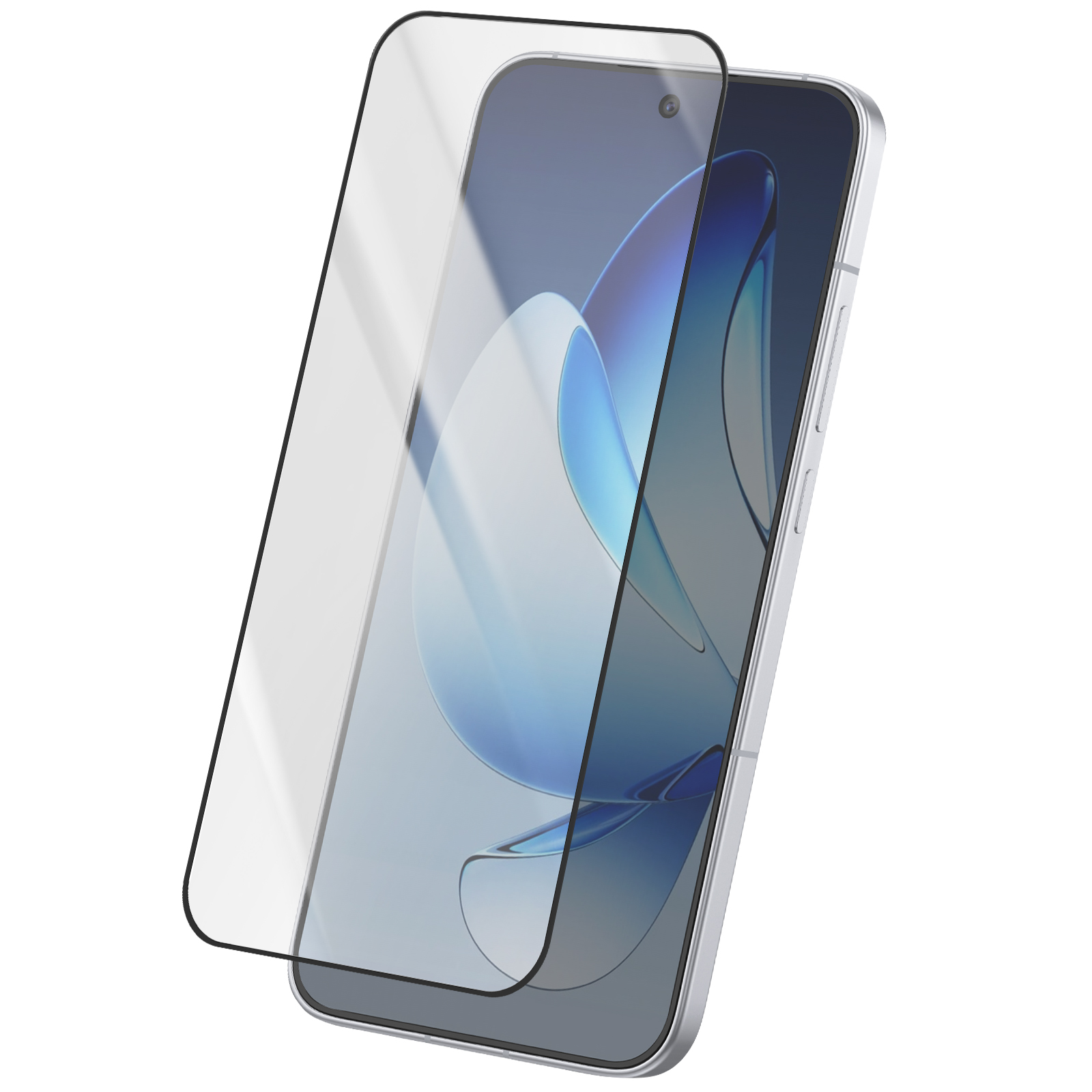 Uno smartphone con una protezione per lo schermo in fase di applicazione. Il telefono è argentato con un design blu e bianco sullo schermo.