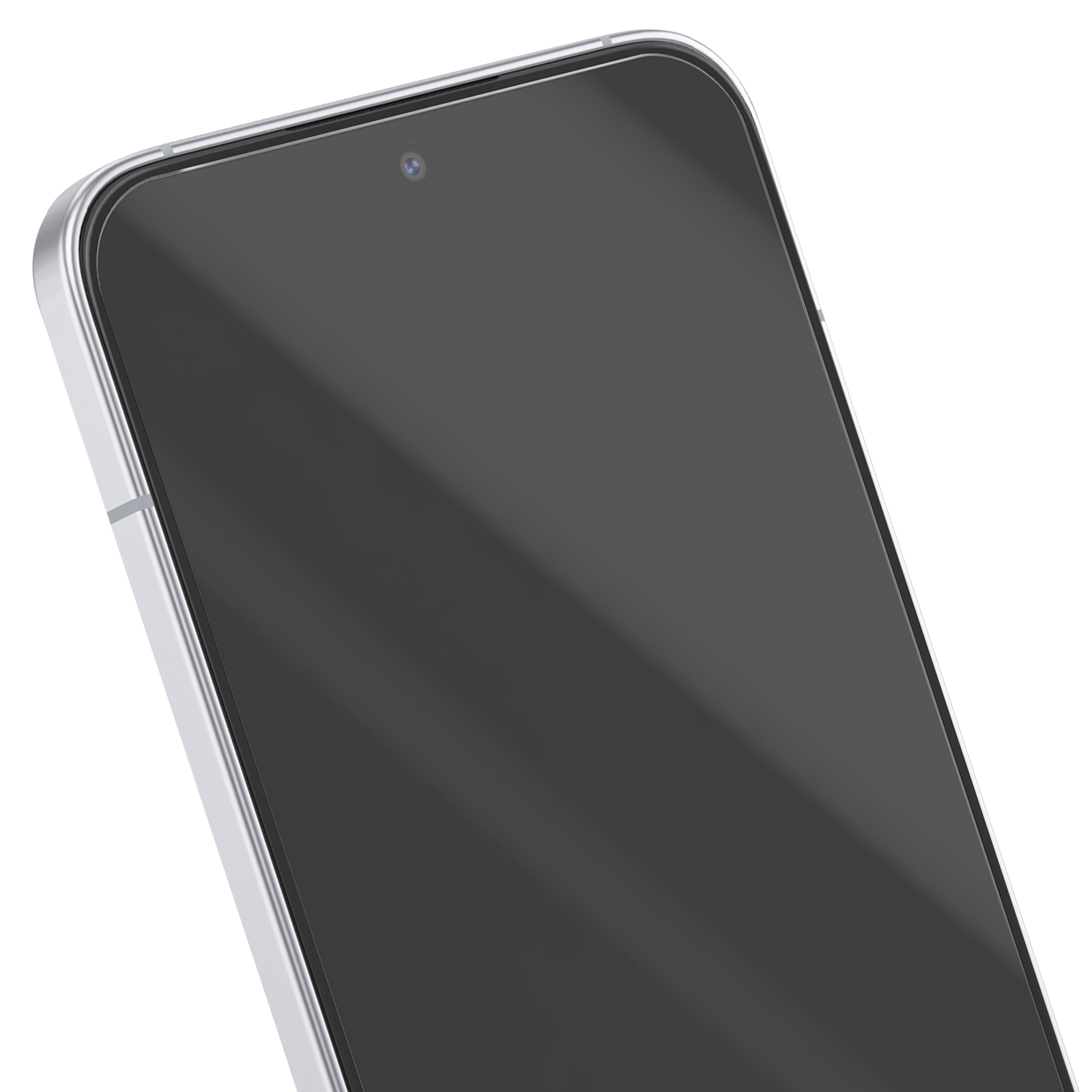 Primo piano di uno smartphone. Lo schermo è nero, con una cornice argentata. In alto è visibile un obiettivo.