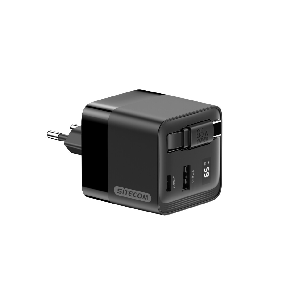 Un caricatore USB SITECOM 65W nero con spina. Ha porte USB-C e USB-A. Il caricatore è su sfondo bianco.