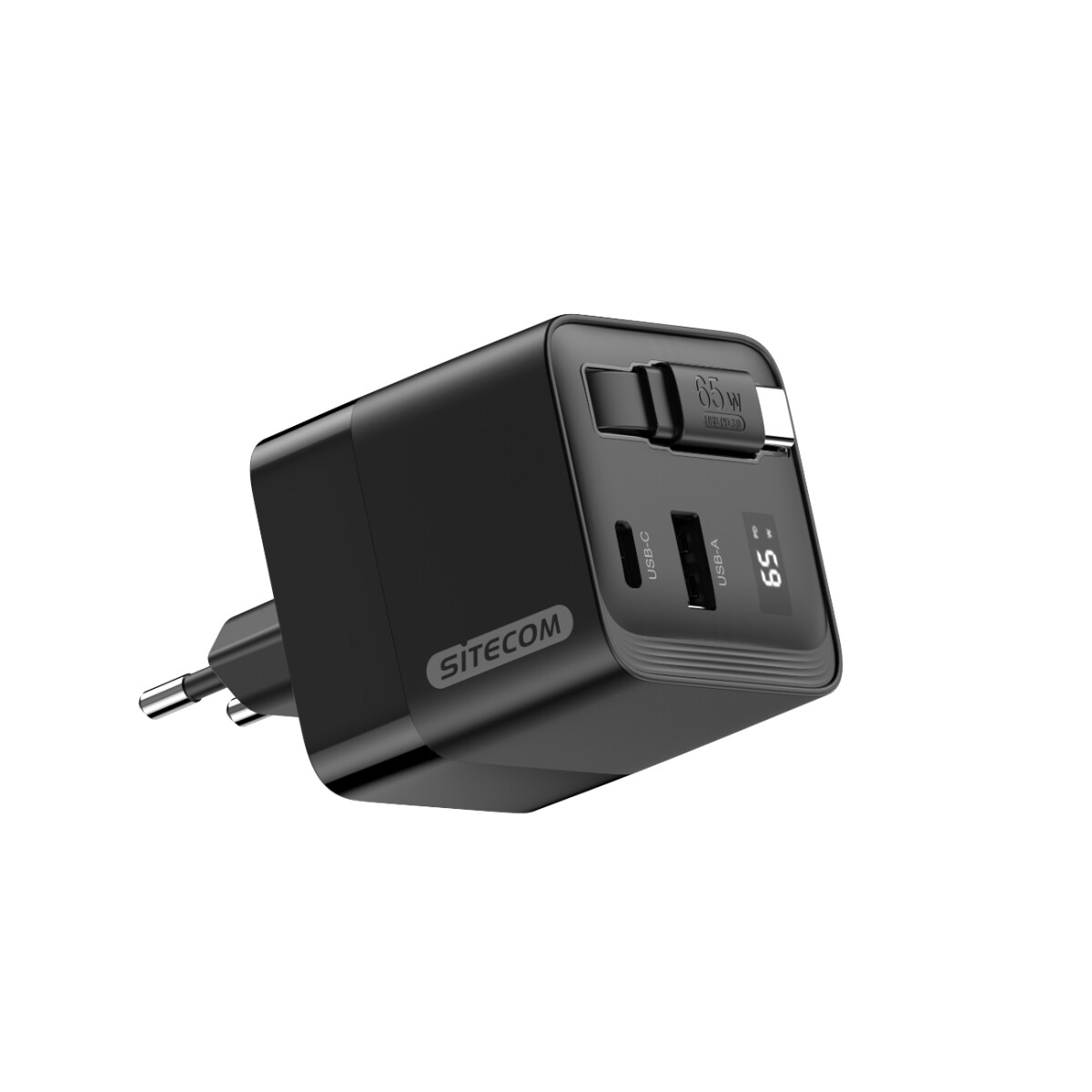 Un caricatore SITECOM nero da 65W con porte USB-C e USB-A e un display digitale che mostra '65'.