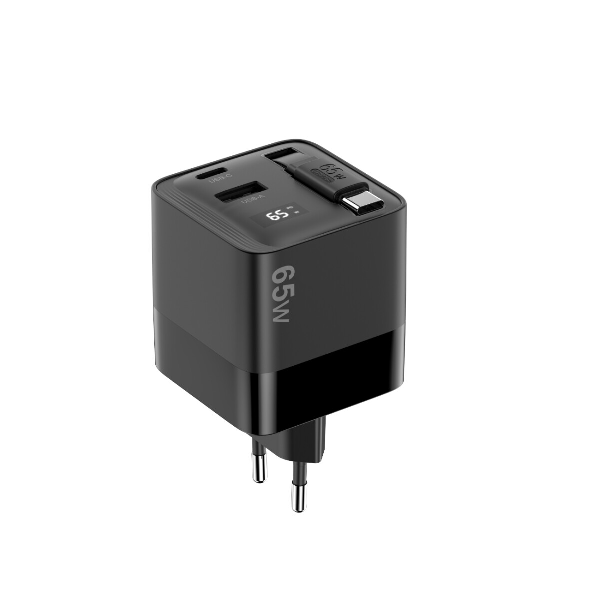 Un caricabatterie nero da 65 W con porte USB-C e USB-A, un display che mostra 65 e una spina a due poli.