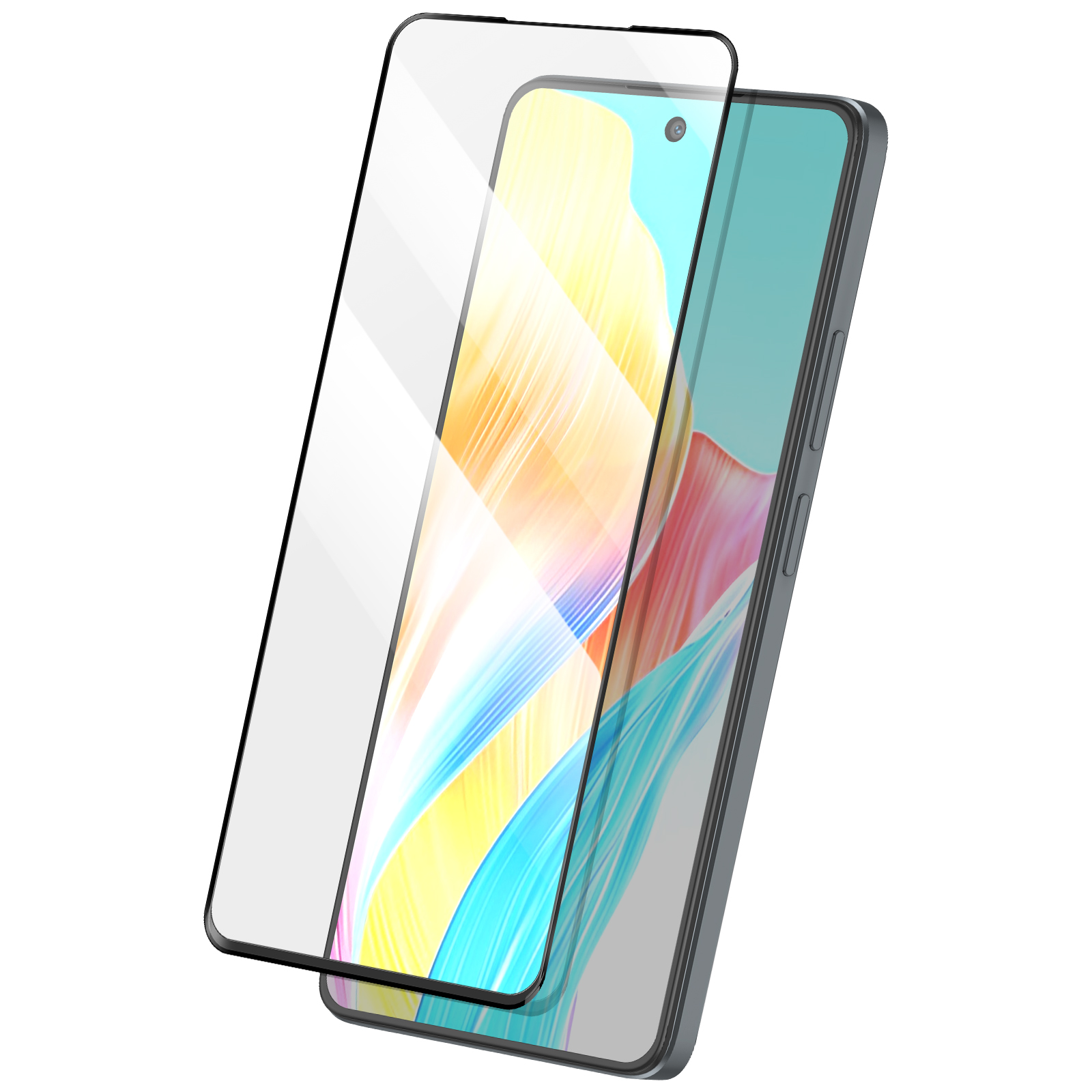 Uno smartphone con protezione schermo. Il telefono ha un display colorato e una cornice grigia. La protezione è trasparente.
