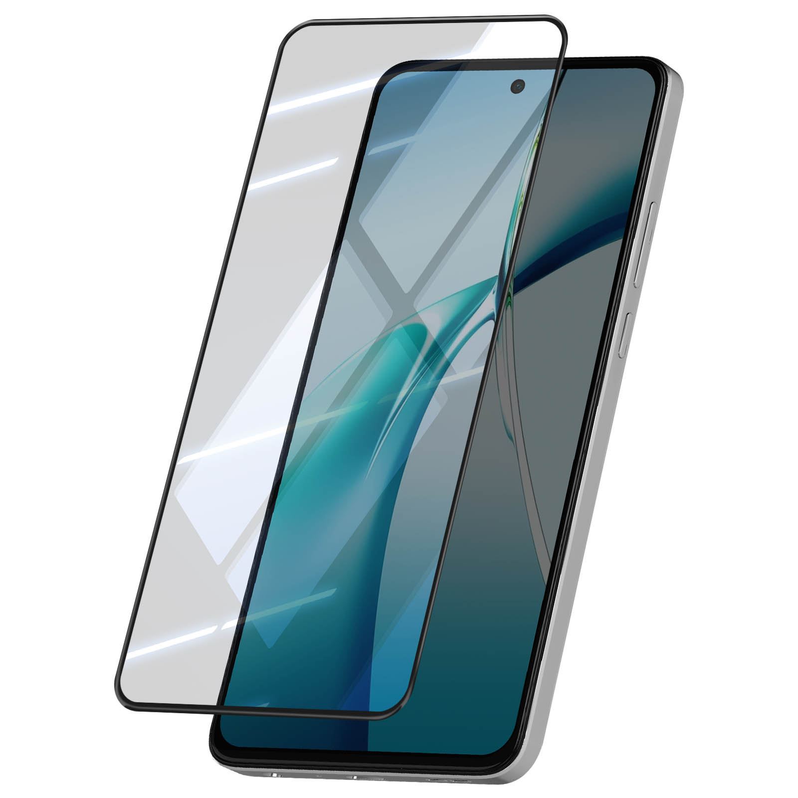 Uno smartphone con protezione schermo, su sfondo bianco. Lo schermo mostra un design astratto colorato.