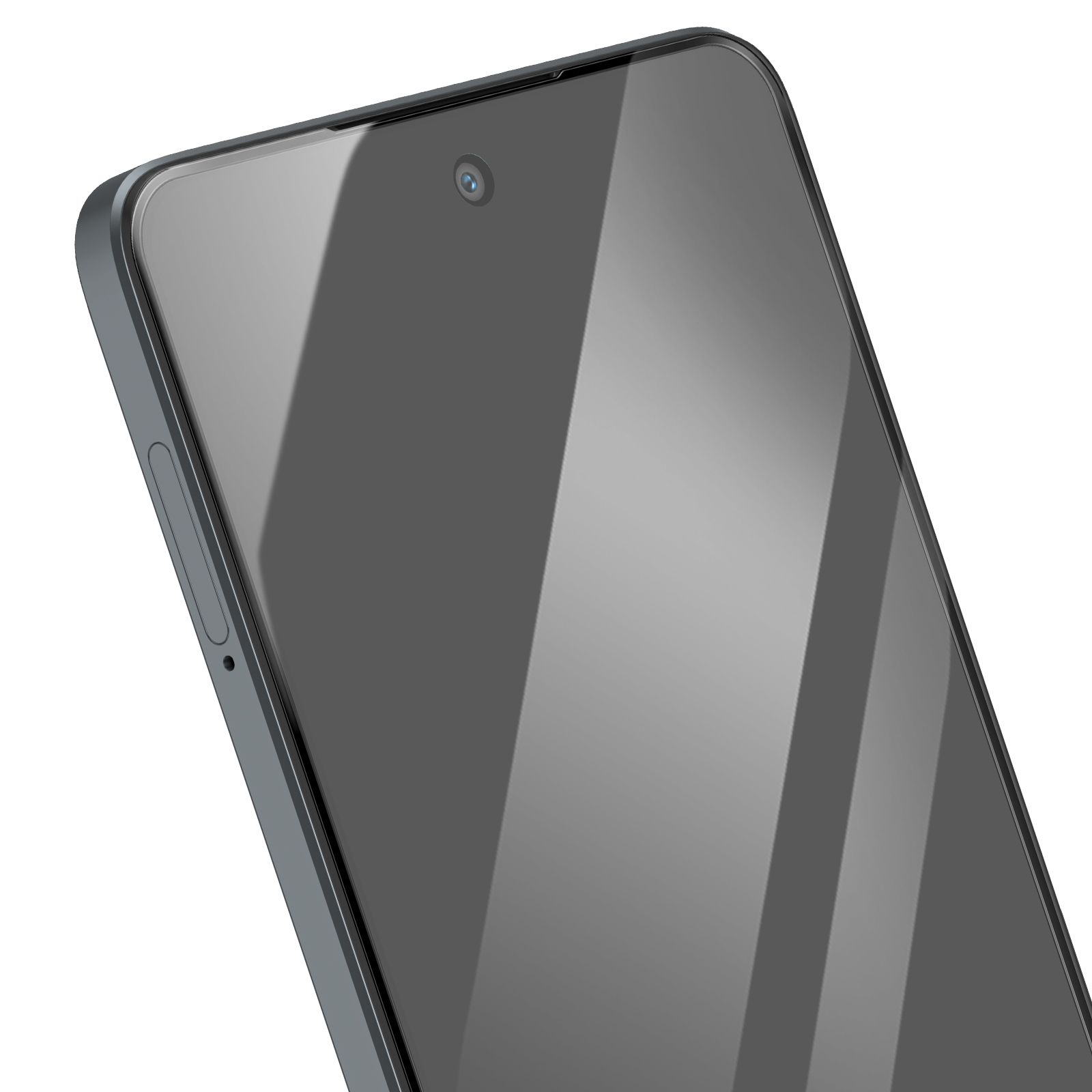 Primo piano di uno smartphone. Lo schermo è scuro, con un obiettivo della fotocamera visibile in alto. La cornice è grigia.