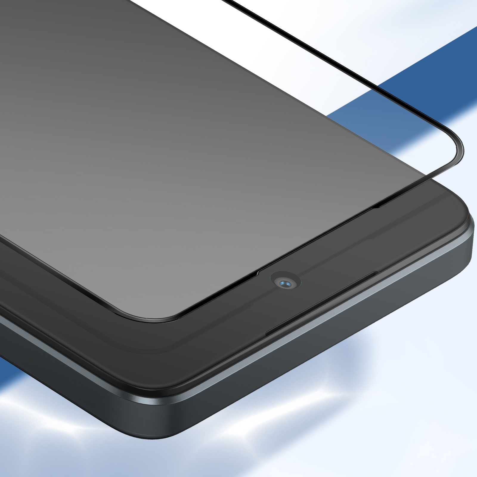 Primo piano di uno smartphone con protezione schermo. Il telefono è nero, con fotocamera frontale e protezione in vetro.