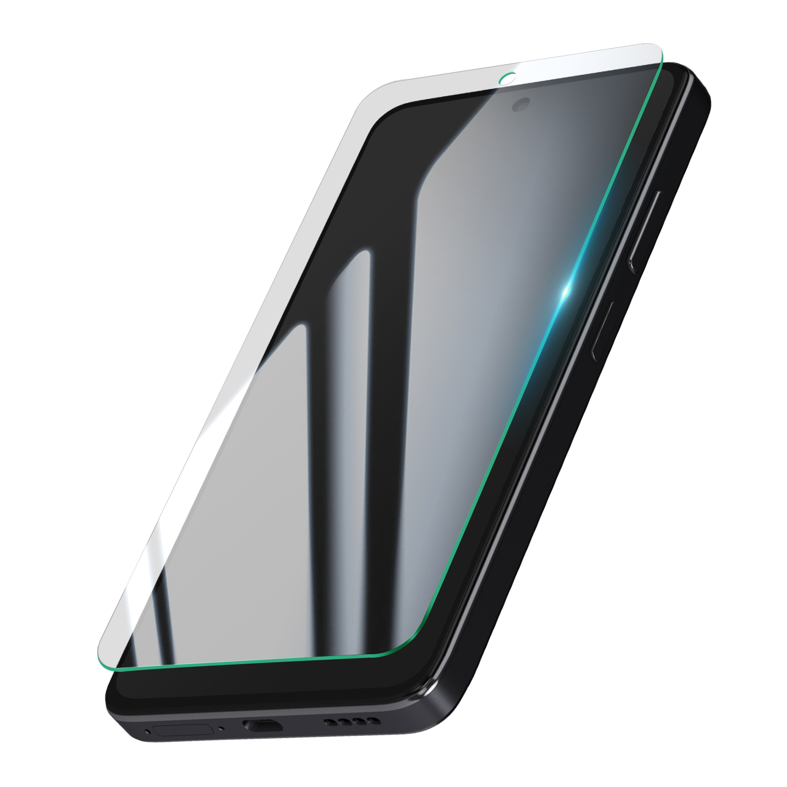 Uno smartphone nero con una protezione per lo schermo in vetro applicata. Lo schermo riflette la luce e la protezione ha un bordo verde.