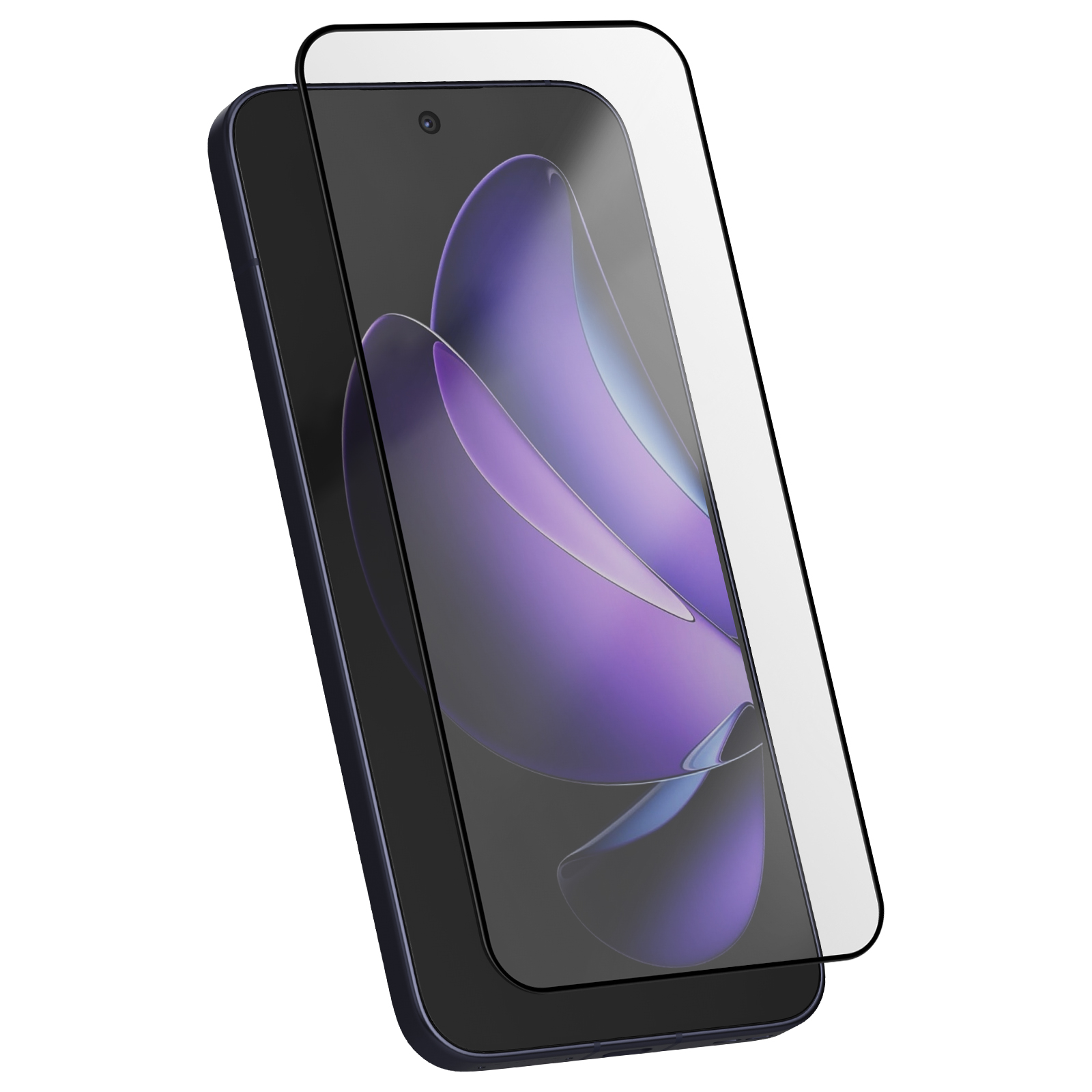 Uno smartphone con protezione schermo applicata. Lo schermo mostra un design astratto viola. La protezione è trasparente.