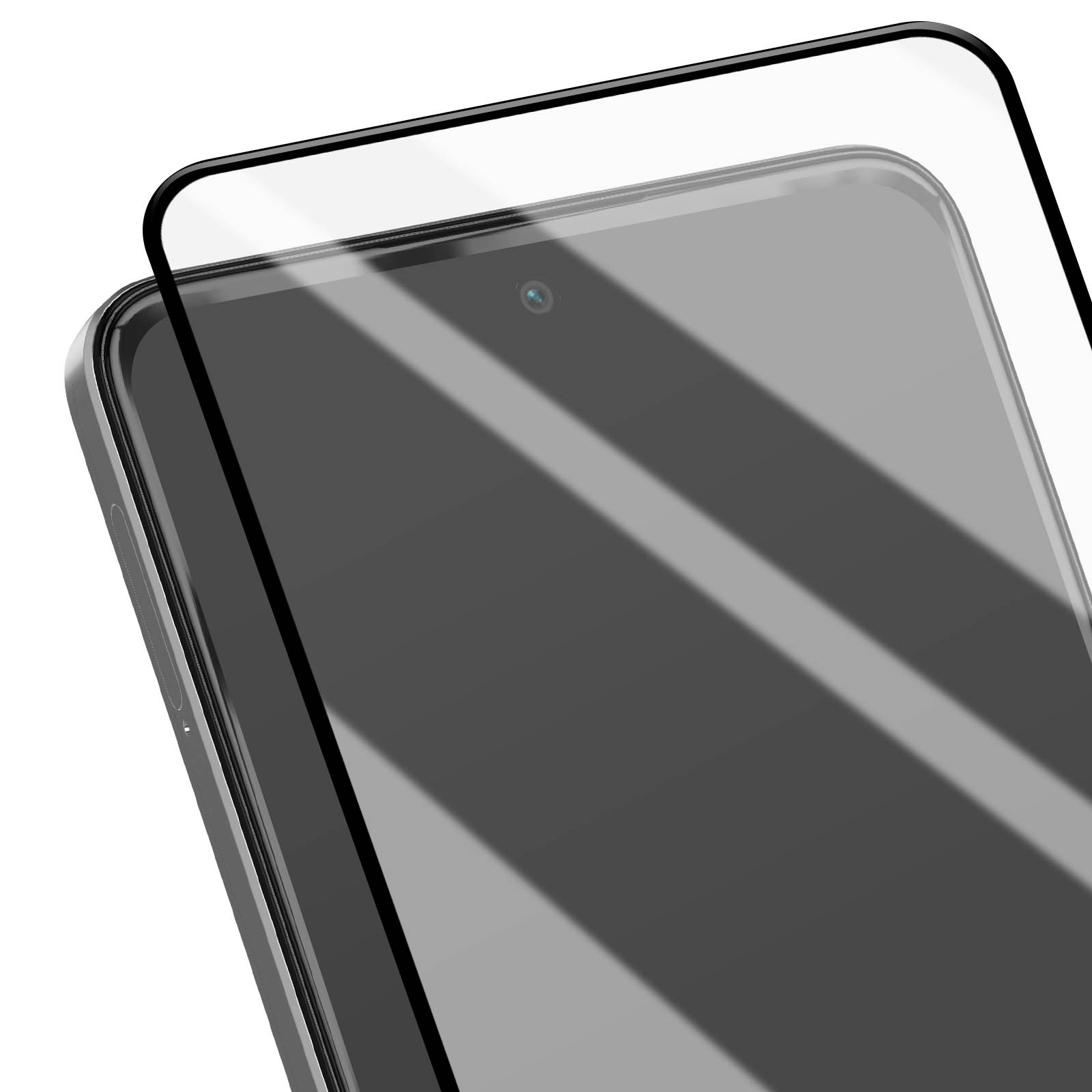 Uno smartphone con una protezione per lo schermo applicata. Il telefono è grigio, con un bordo nero.