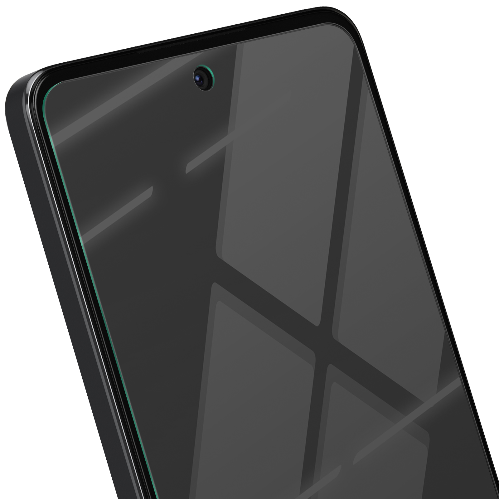 Primo piano dello schermo di uno smartphone con fotocamera. Lo schermo è grigio scuro, i bordi neri. Lo schermo riflette la luce.