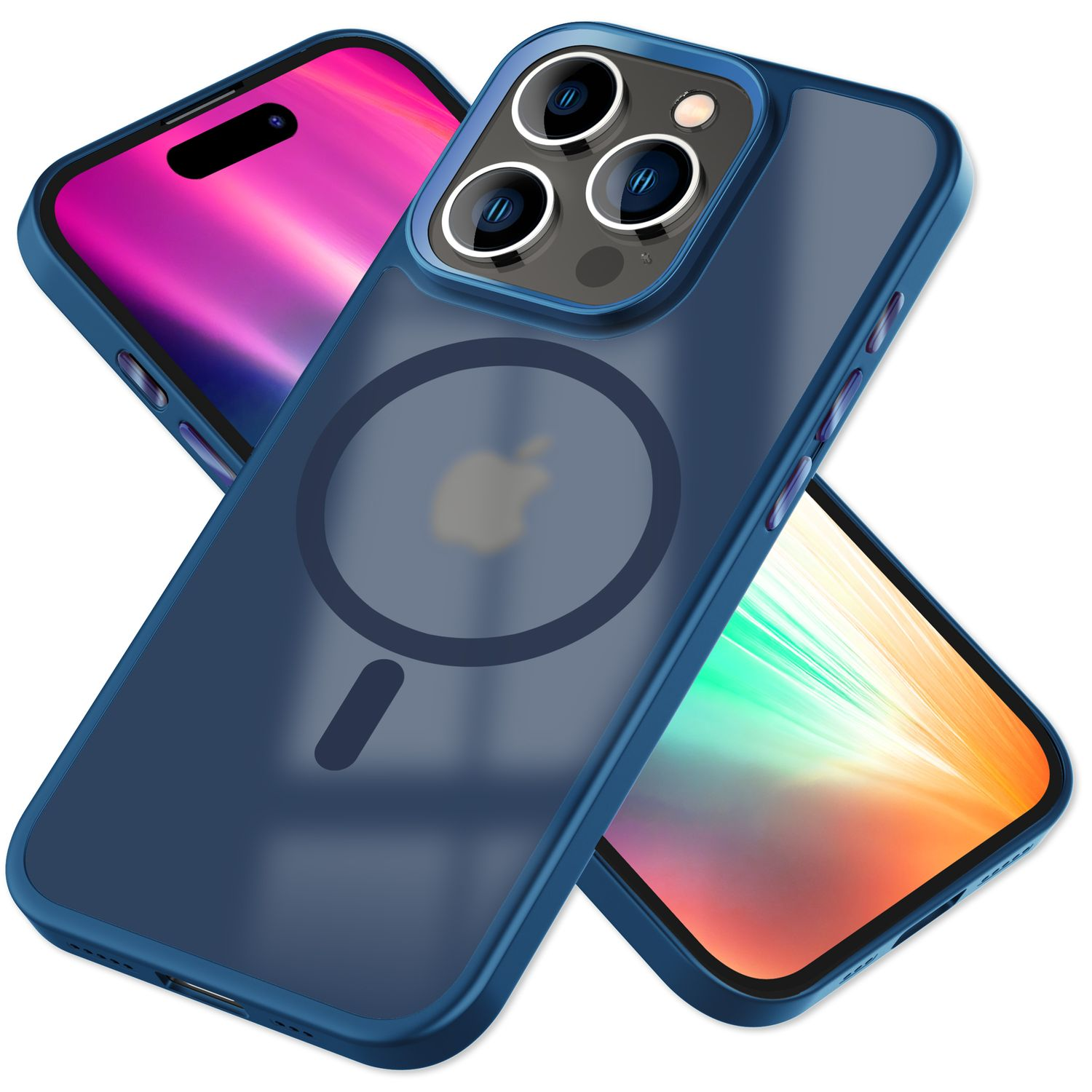 Dos smartphones con fundas, uno azul y otro con pantalla morada. La funda azul muestra el logotipo de Apple y la cámara.