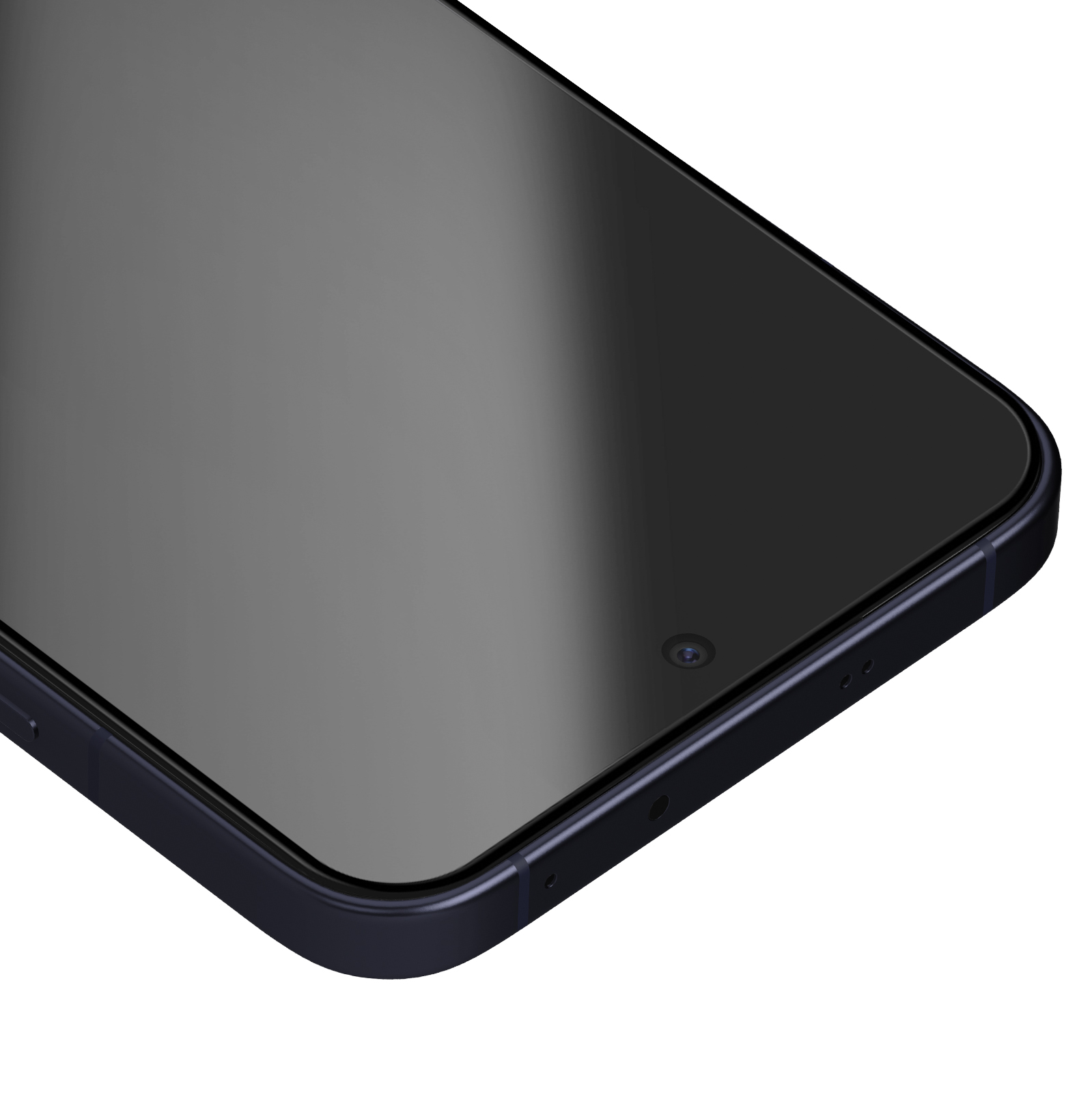 Primo piano di uno smartphone blu scuro. Lo schermo è grigio scuro. Una lente della fotocamera e un altoparlante sono visibili.