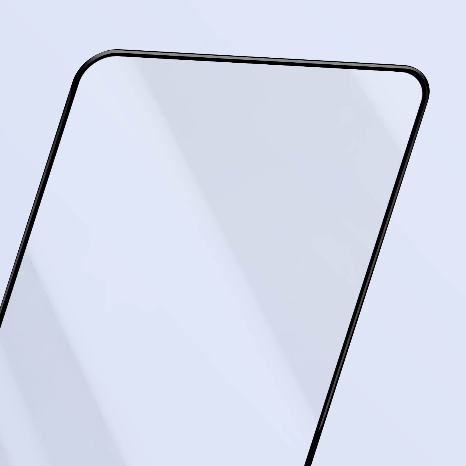 Primo piano di una protezione schermo per smartphone con bordo nero. Lo sfondo è azzurro, con ombre morbide.
