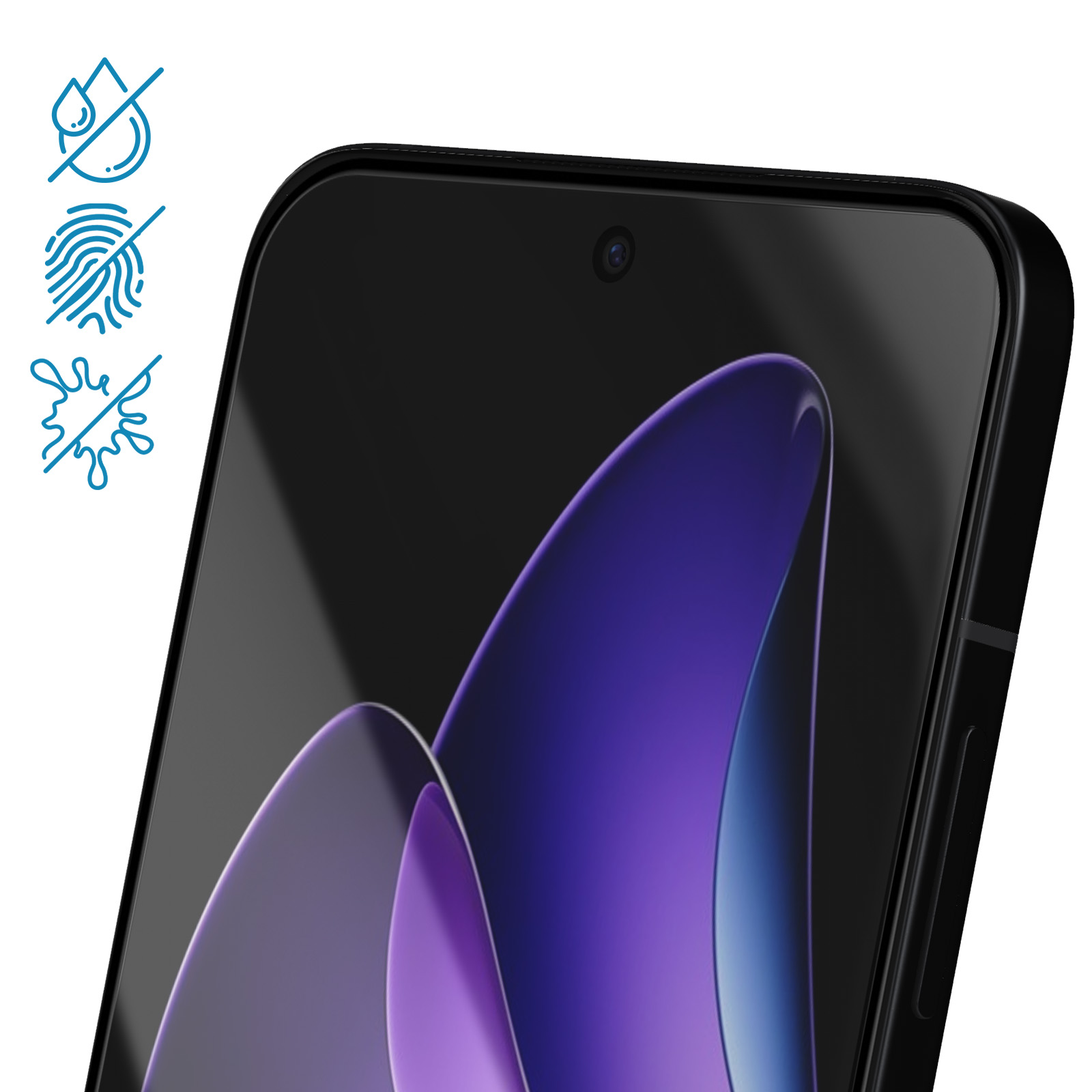 Primo piano di uno smartphone con cornice nera e schermo viola. Le icone che indicano niente acqua, impronte digitali e schizzi sono in alto.