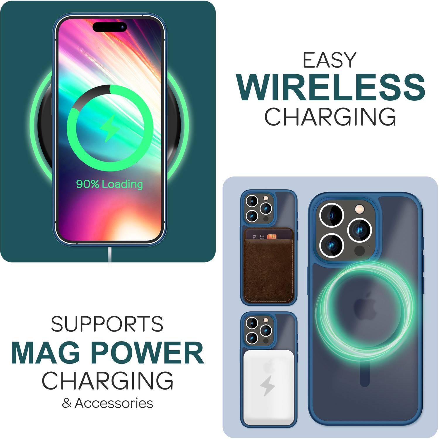 Un iPhone se carga de forma inalámbrica. El texto dice 'Carga inalámbrica fácil' y 'Compatible con carga Mag Power y accesorios'. Se muestran fundas.