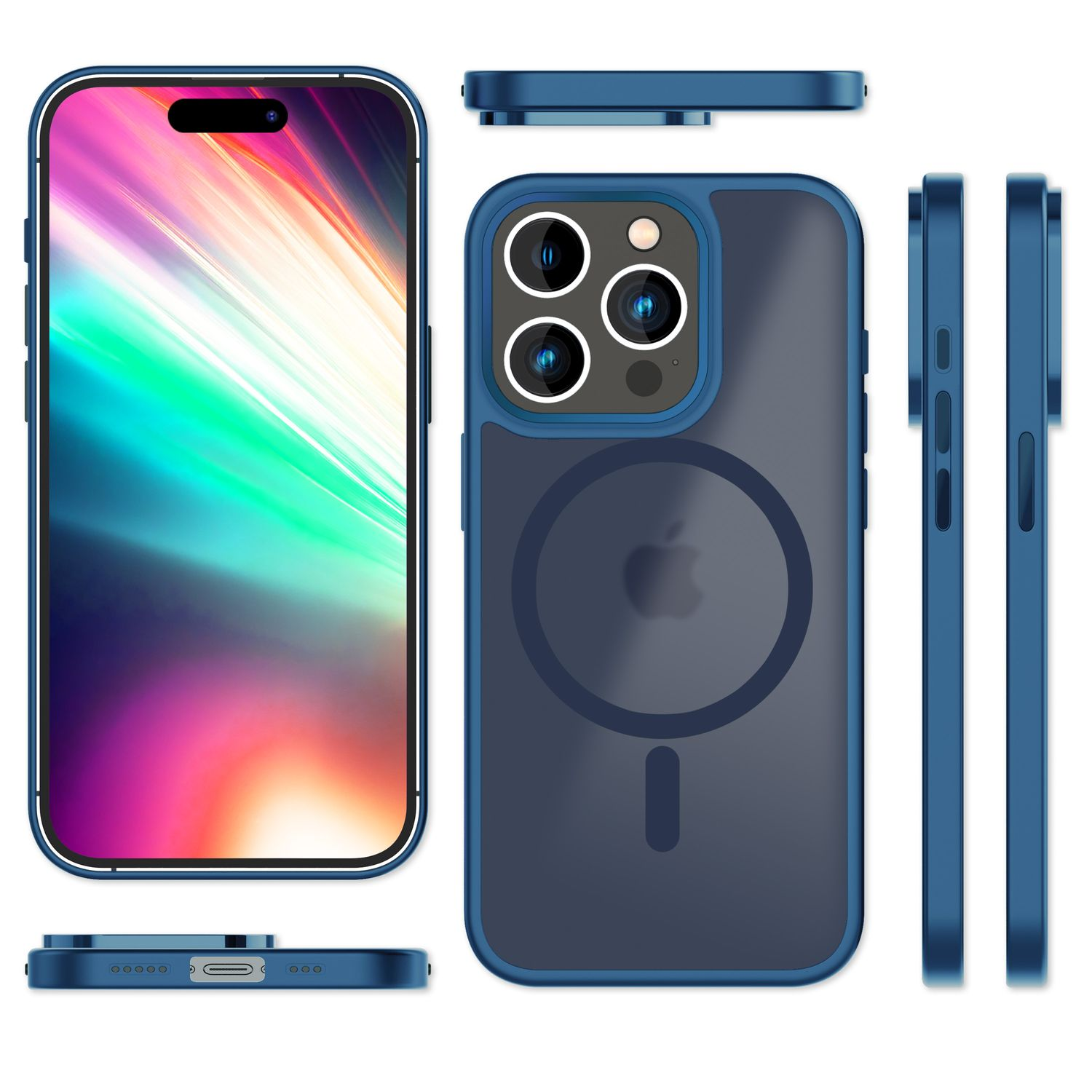 Funda azul para teléfono con iPhone dentro. La funda tiene parte trasera transparente con logo Apple y recorte de cámara. Varias vistas.