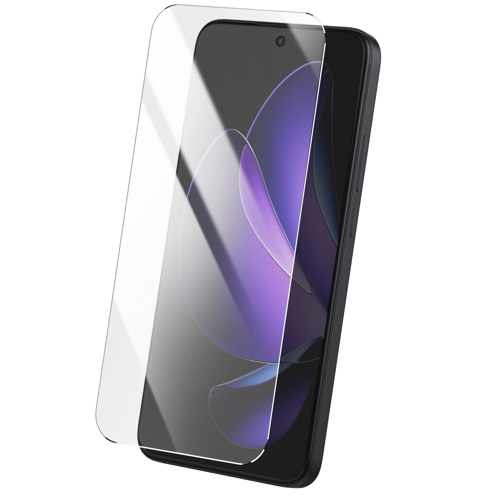 Uno smartphone con un proteggi schermo applicato. Il telefono è nero, lo schermo ha un motivo viola. Il proteggi schermo è trasparente.