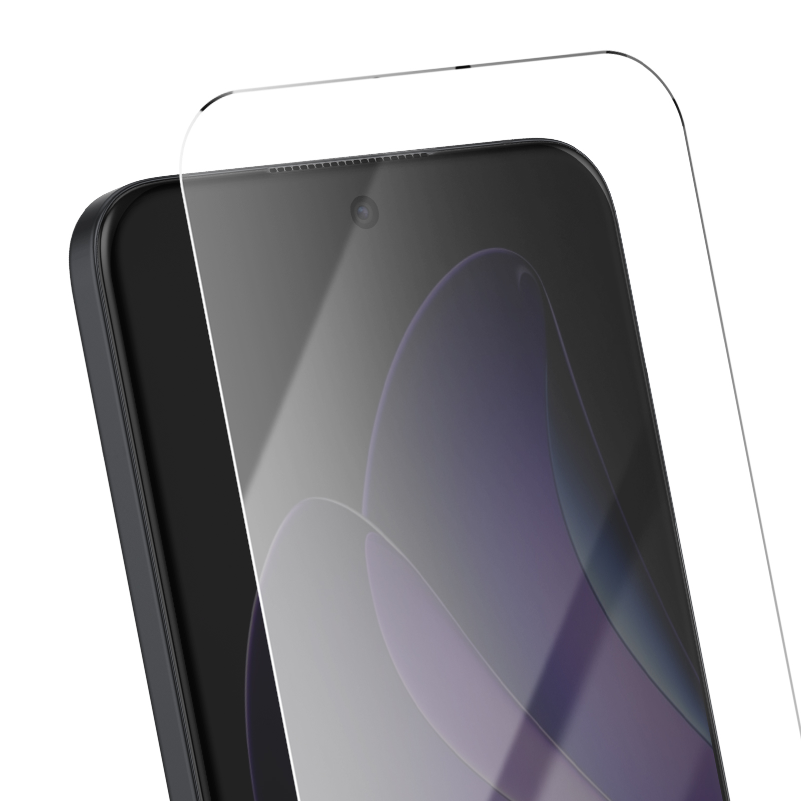 Uno smartphone con una protezione per lo schermo applicata, che mostra una fotocamera e un altoparlante. Lo schermo è nero con sfumature viola.