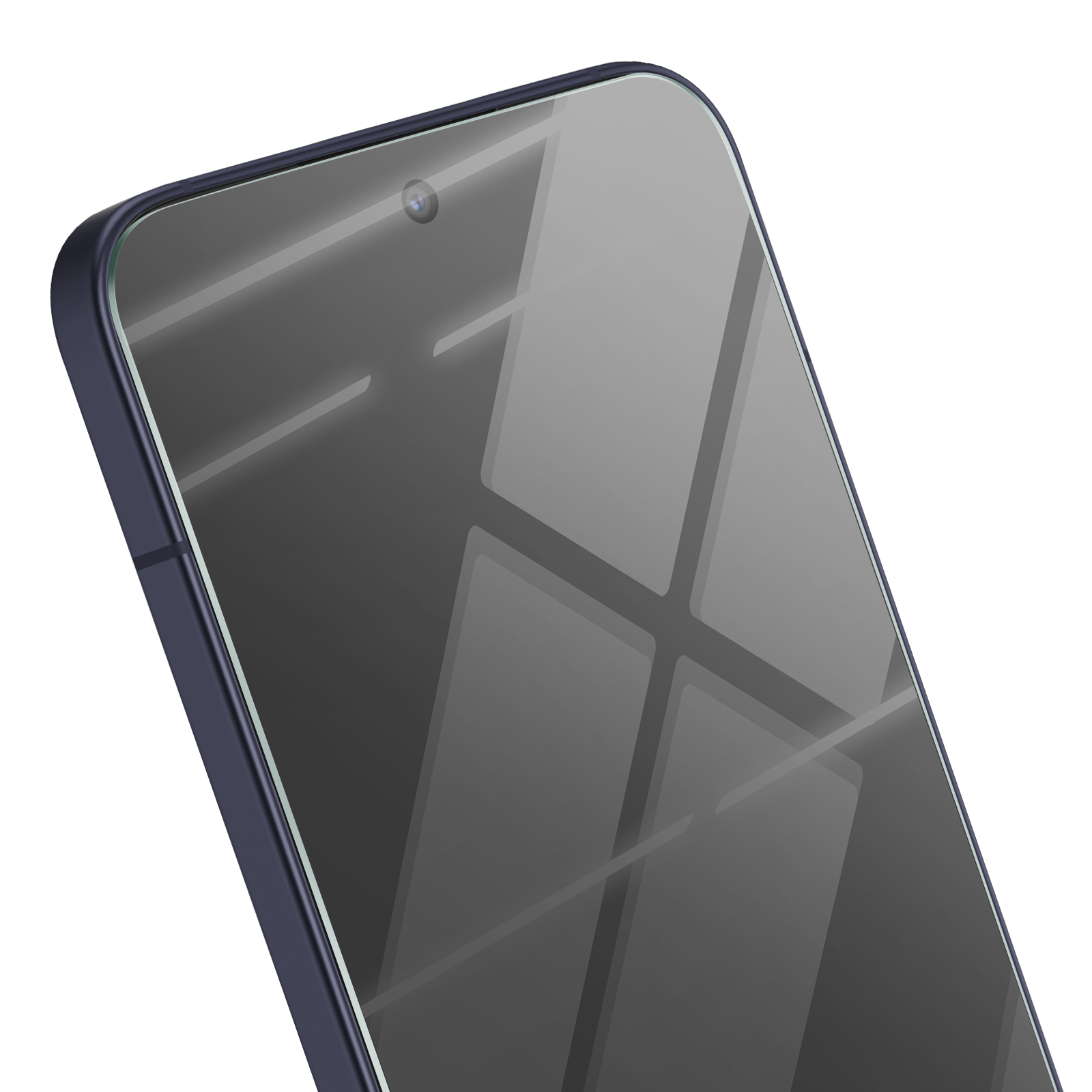 Primo piano di uno smartphone, che mostra schermo, fotocamera e cornice blu scuro. Riflessi visibili.