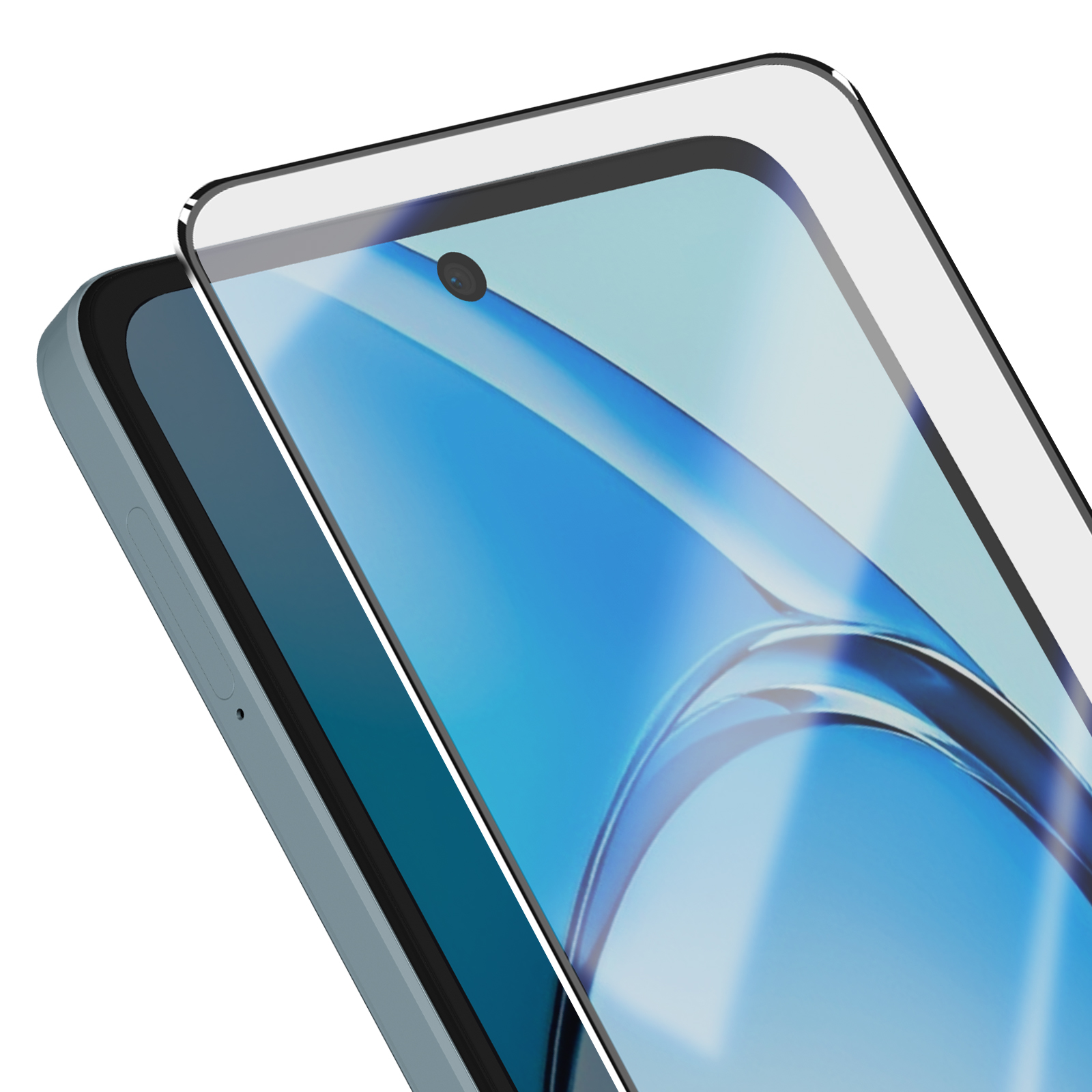 Uno smartphone azzurro con protezione schermo. Il display è blu con una fotocamera in alto. Il bordo del telefono è visibile.