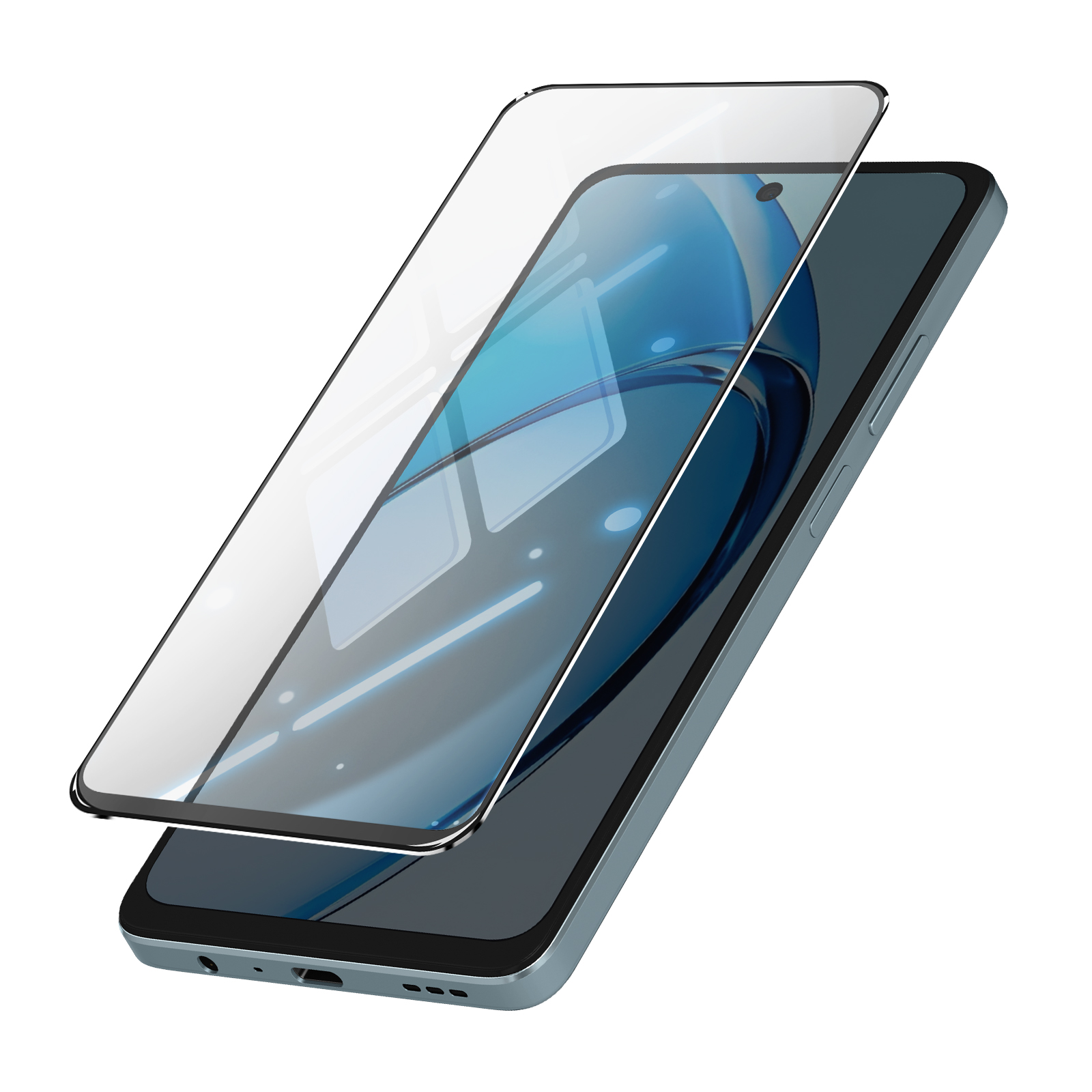 Uno smartphone con una protezione per lo schermo applicata. Il telefono è azzurro e la protezione è trasparente.