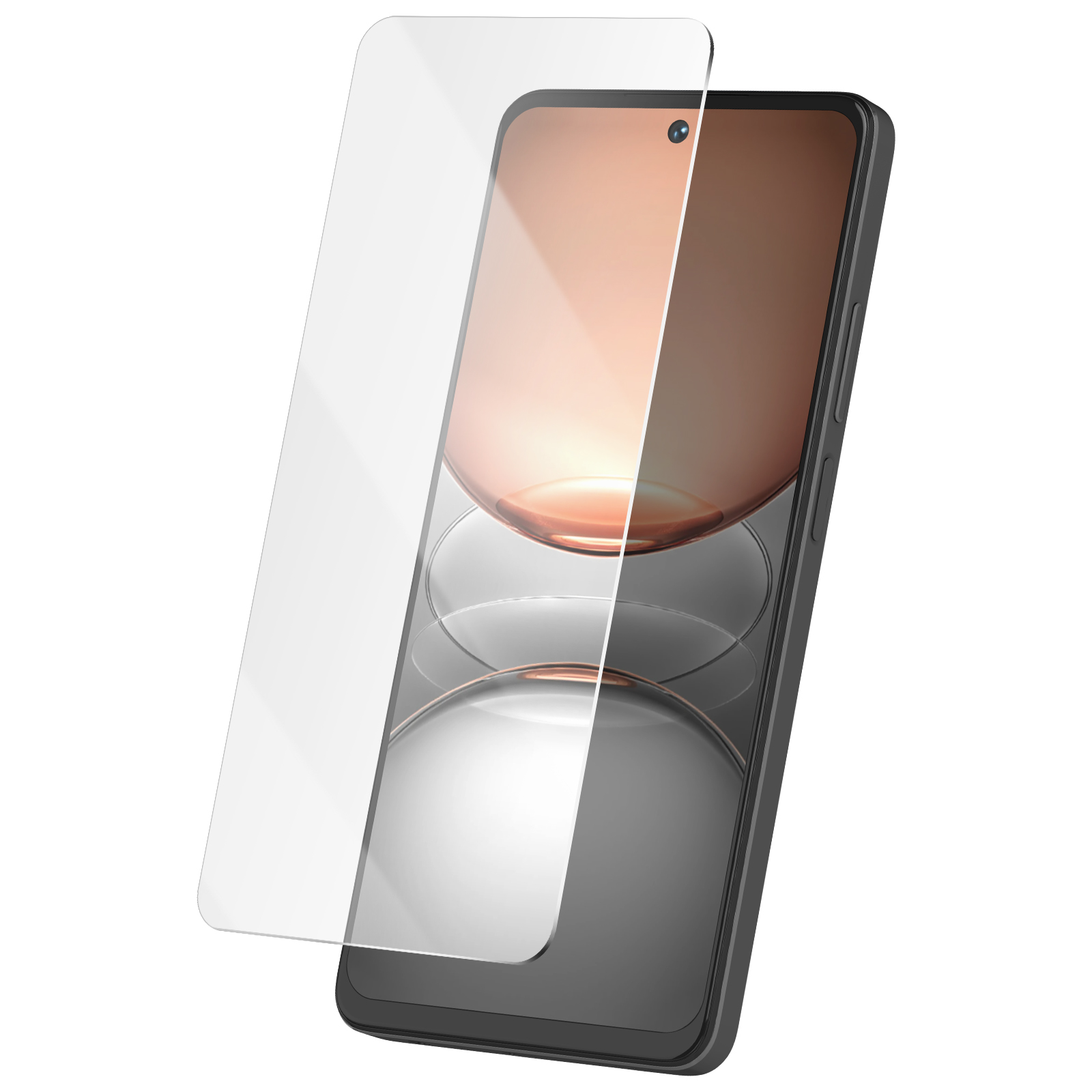 Uno smartphone con una protezione per lo schermo applicata. Il telefono è nero e lo schermo mostra un'immagine chiara.
