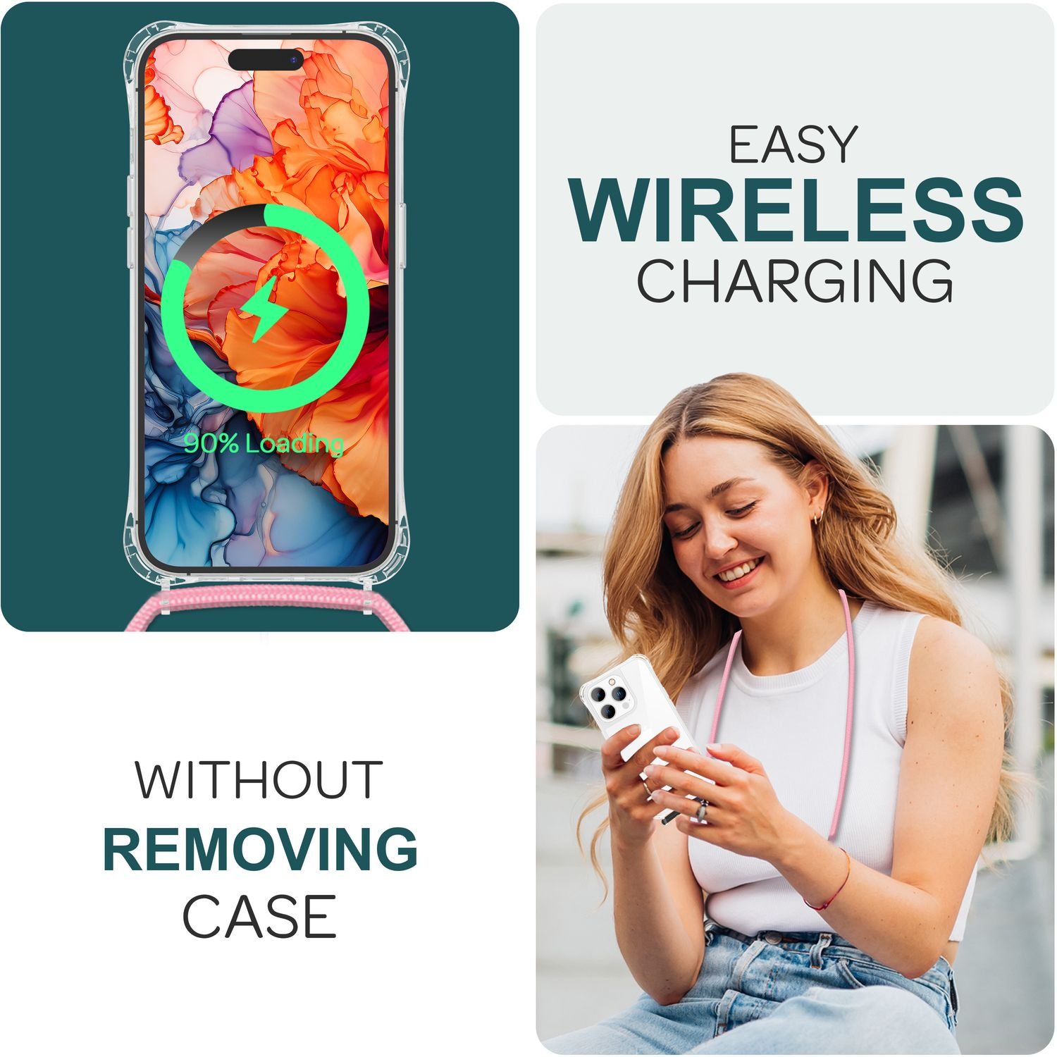 Donna con telefono nella custodia, mostra la ricarica wireless. Testo: Ricarica wireless facile. Senza rimuovere la custodia. Telefono in carica 90%.