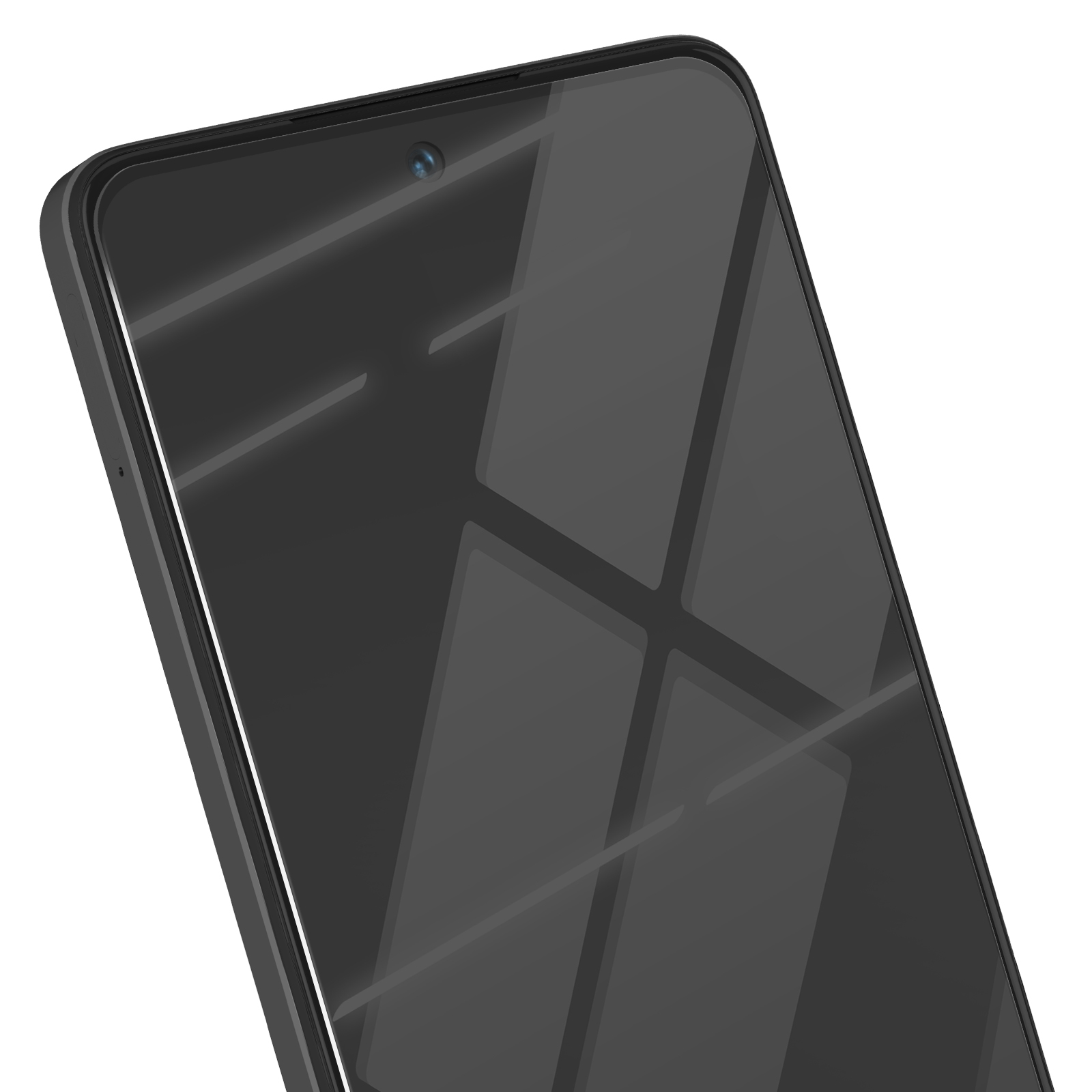 Primo piano di uno smartphone nero, schermo rivolto verso l'alto. Visibile una piccola fotocamera frontale. Lo schermo è riflettente.