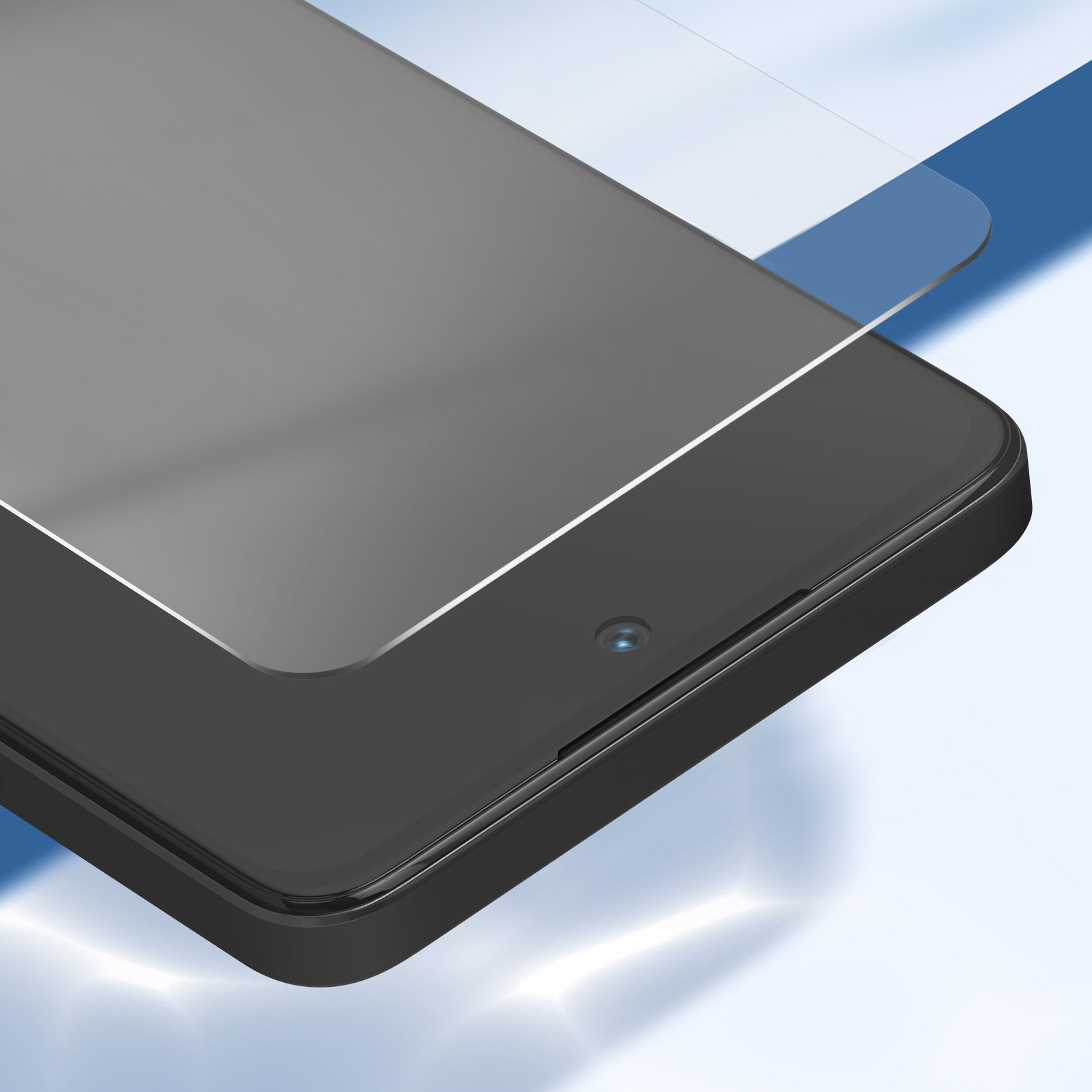 Uno smartphone nero con una protezione schermo parzialmente applicata. Lo sfondo ha una sfumatura blu e bianca.