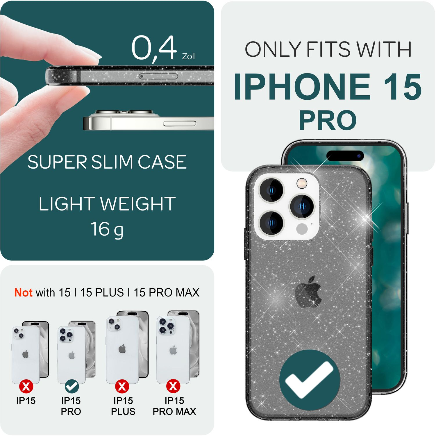 Viene mostrata una custodia per iPhone 15 Pro. È argentata con glitter e il testo indica che è super sottile e leggera. Si adatta all'iPhone 15 Pro.