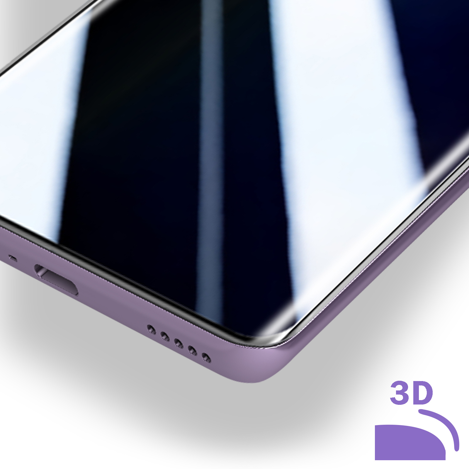 Primo piano di un telefono viola con schermo curvo. Lo schermo è nero e riflette la luce. Logo 3D visibile.