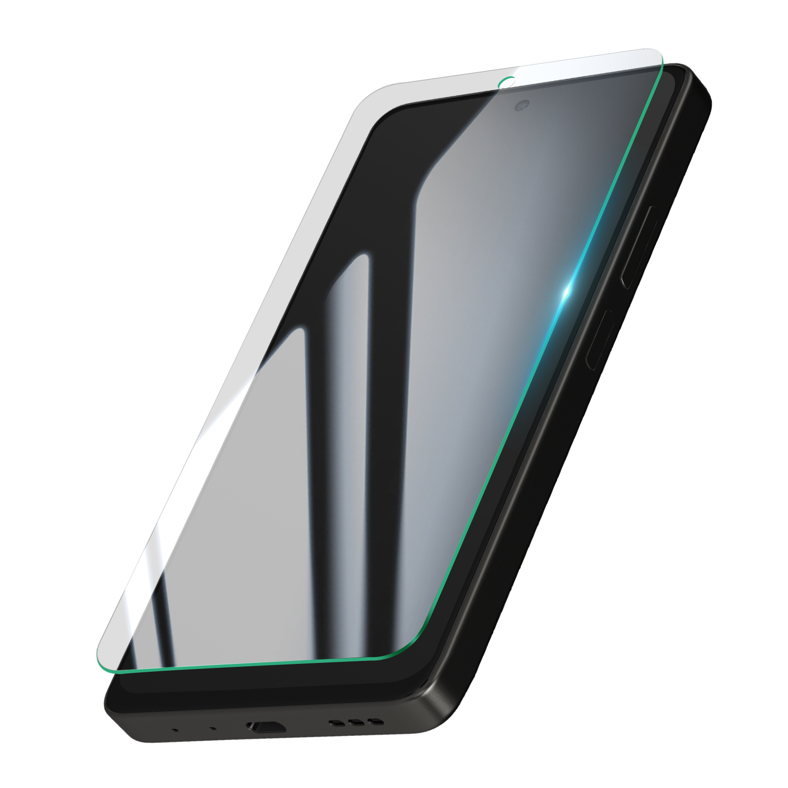 Uno smartphone con protezione schermo applicata. Il telefono è nero con una protezione schermo trasparente e sfondo bianco.